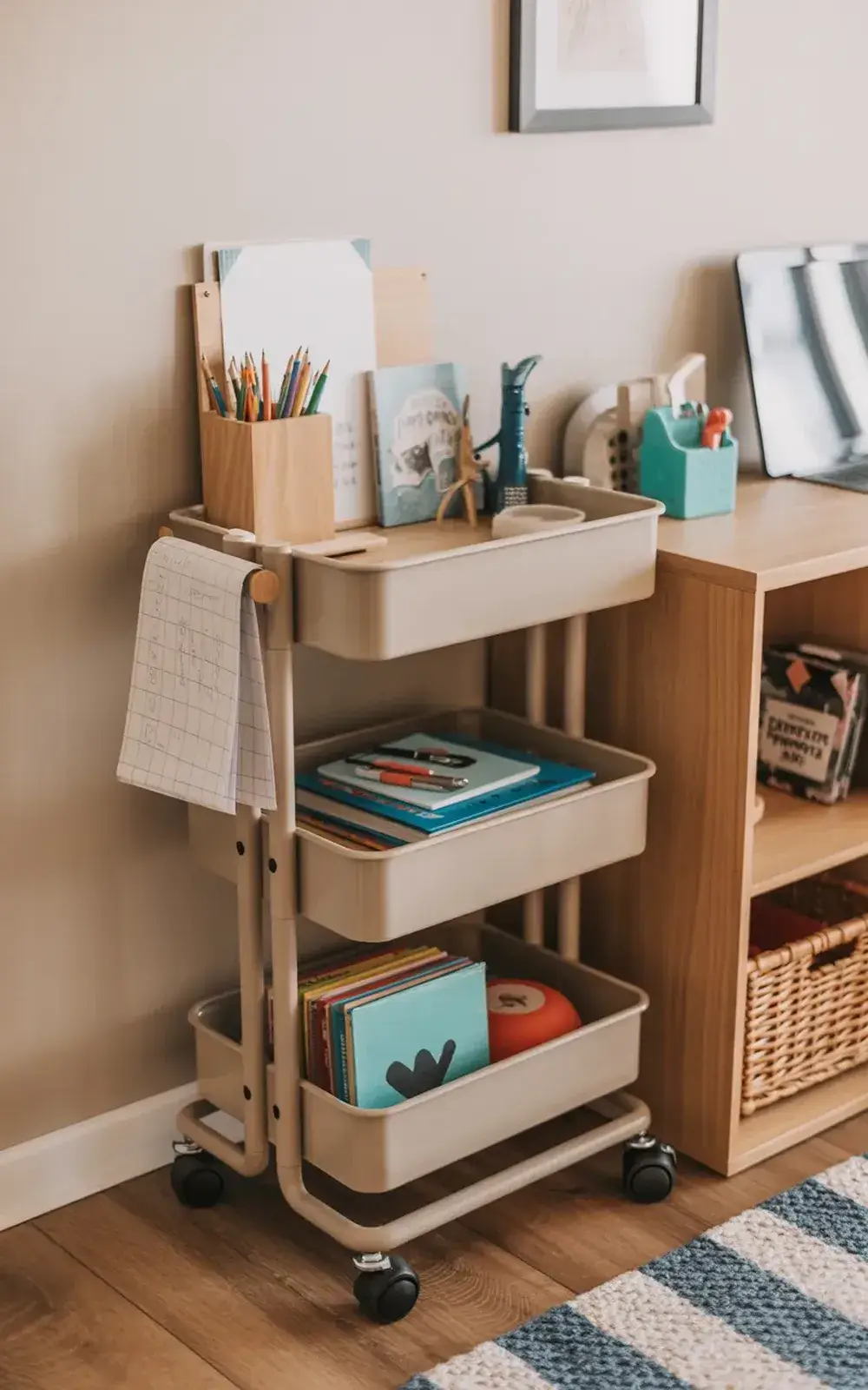 A three-tiered wooden storage cart filled with school supplies and notebooks, near a bookshelf.