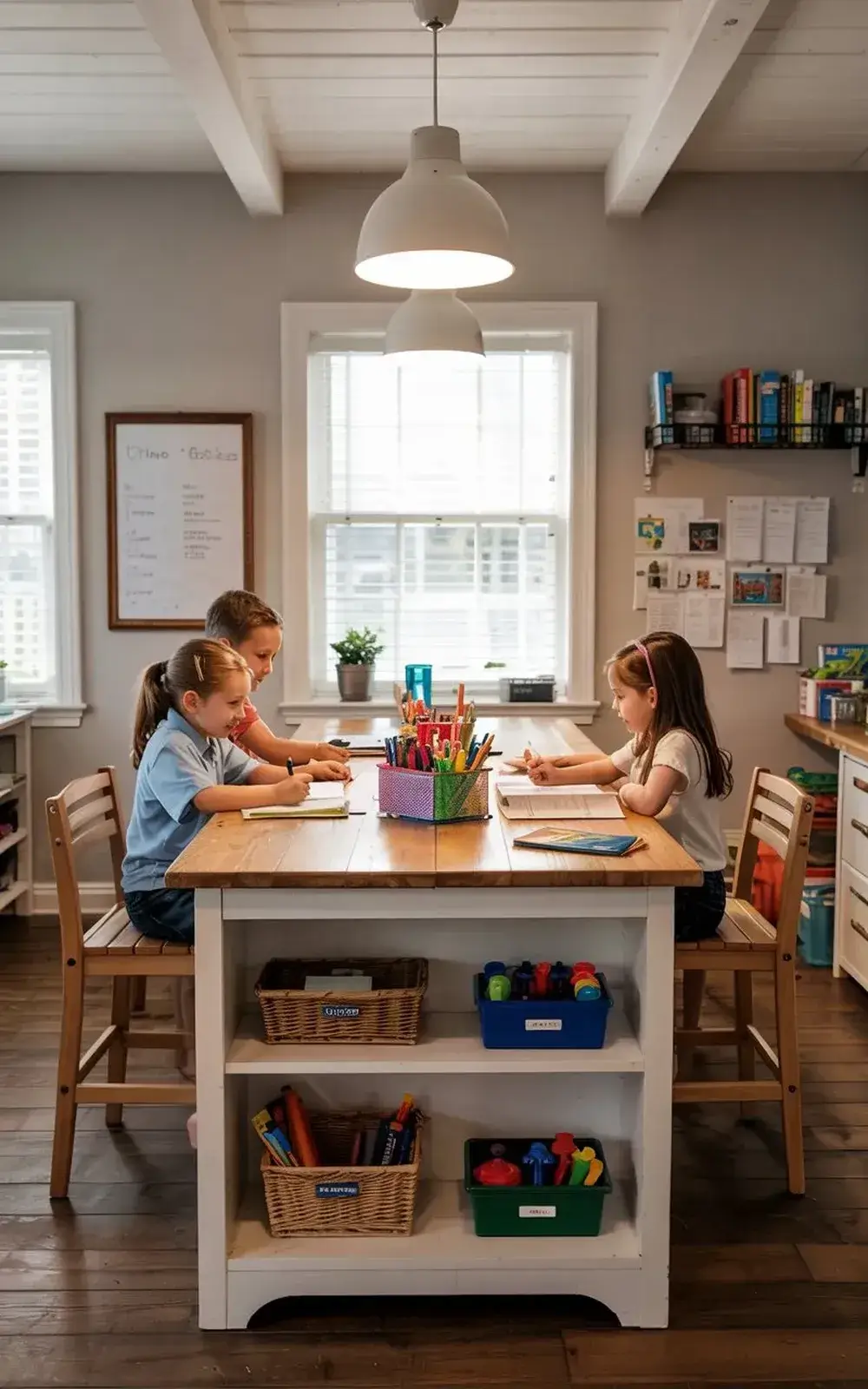 Three children studying together at a wooden table in a classroom.