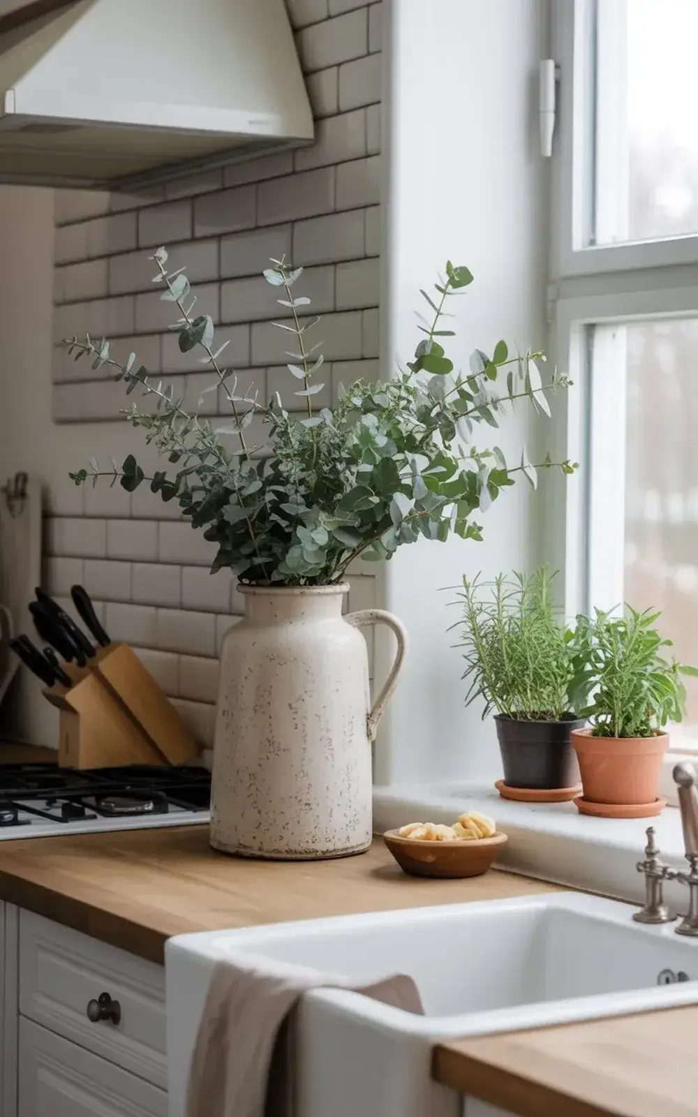 A vase with eucalyptus stems on a kitchen windowsill near potted herbs and a bowl of lemons.