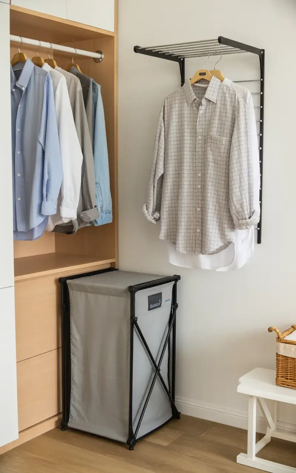Corner of closet with hanging shirts and a garment steamer