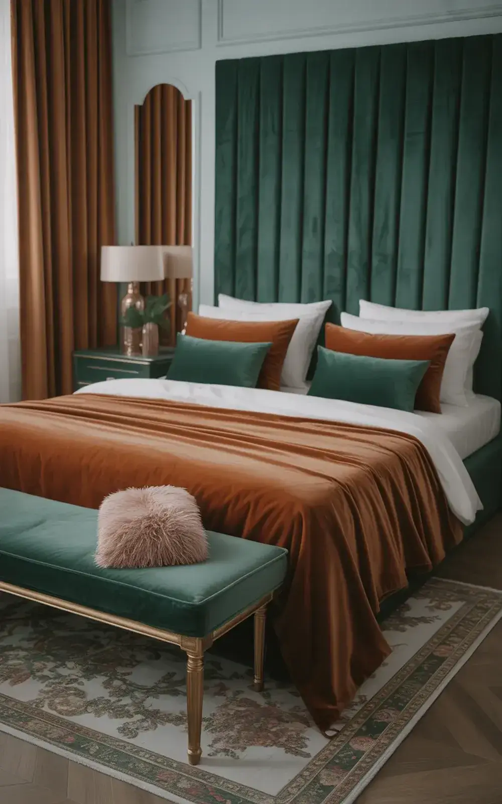 Elegant bedroom with a striped bedspread, green walls, and a velvet bench.