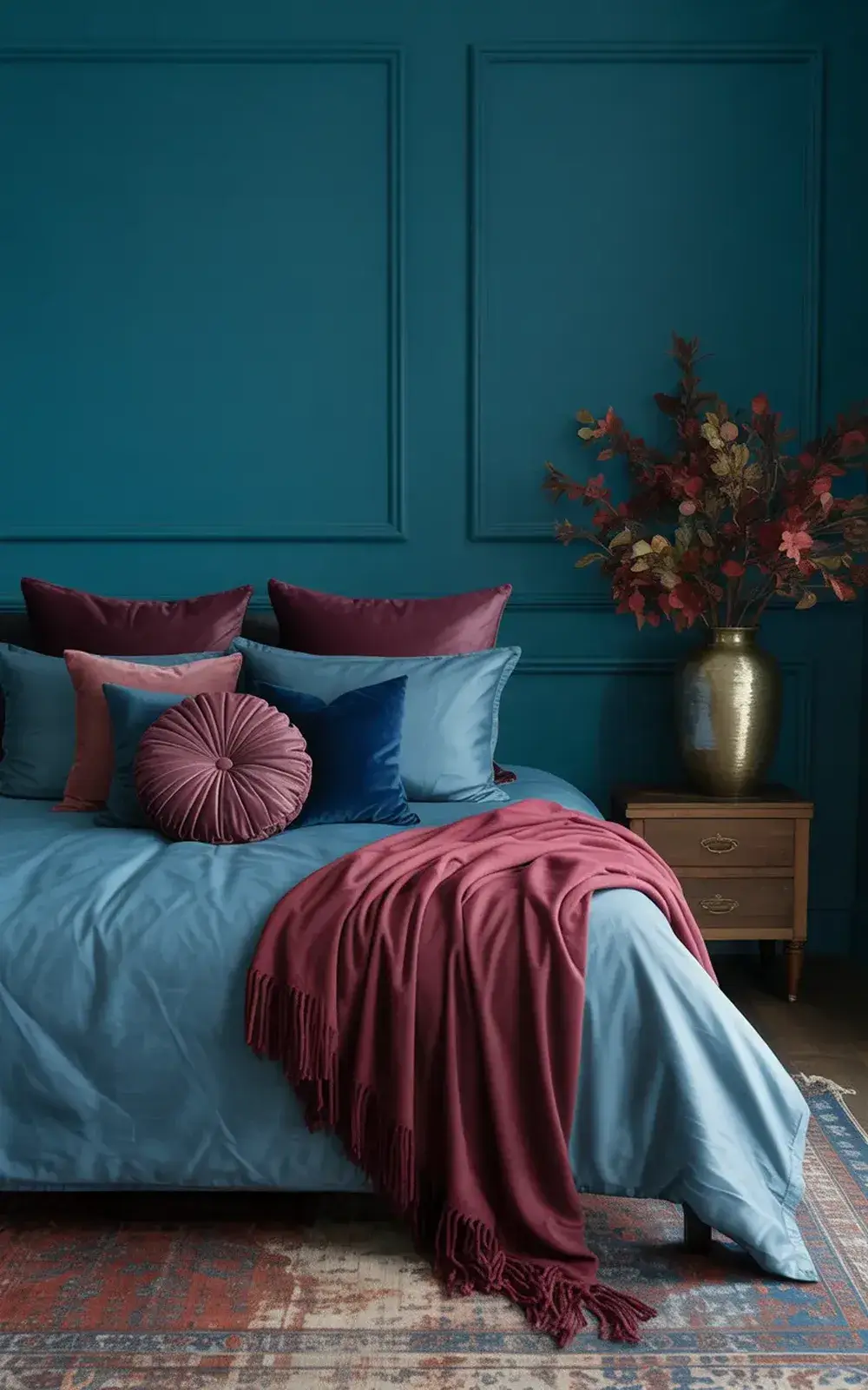 Bed with teal bedding, pink throw, and various pillows against a teal wall and beside a wooden nightstand with flowers.