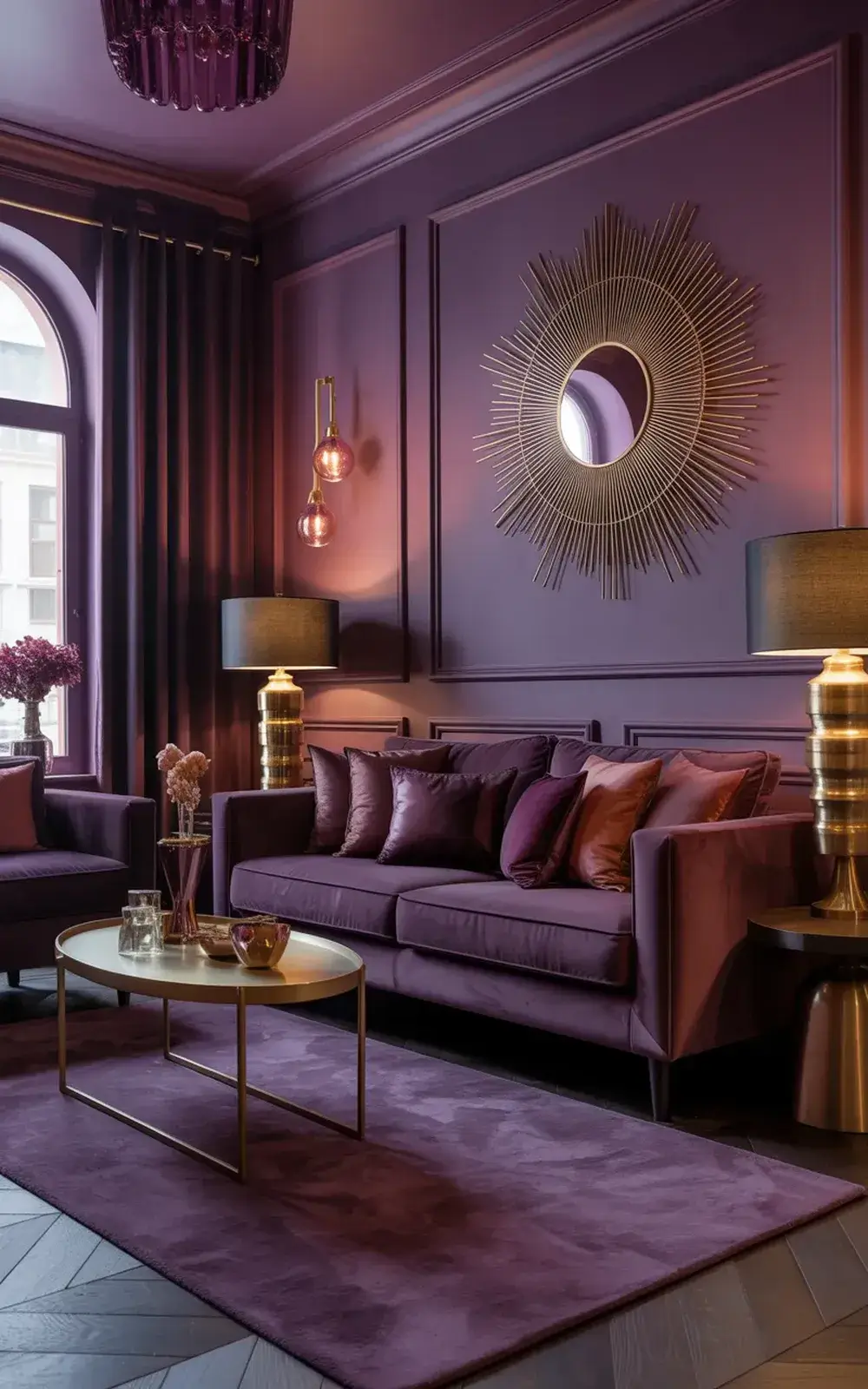 Elegant living room with purple velvet sofa and sunburst mirror.