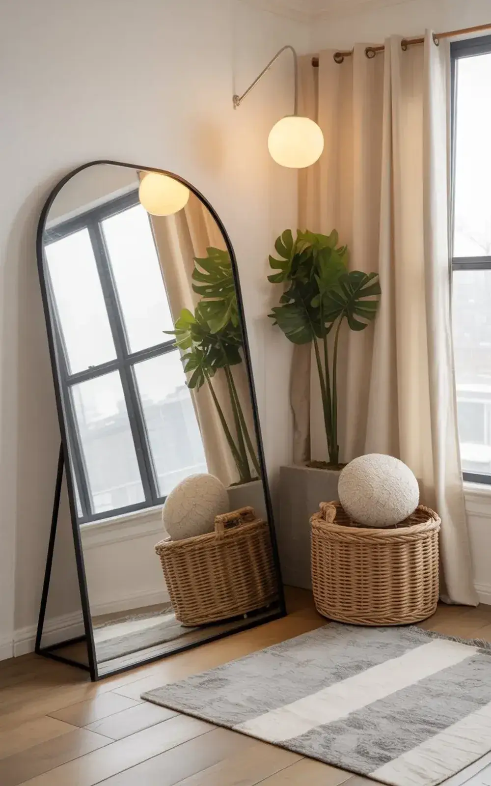 Room corner with full-length mirror, potted plants, baskets, and lighted wall sconce near window with sheer curtains.