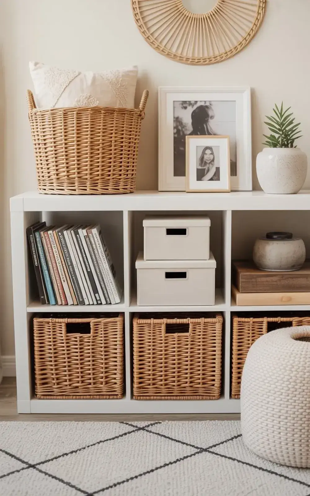 Organized shelf with wicker baskets, books, storage boxes, photos and decor.