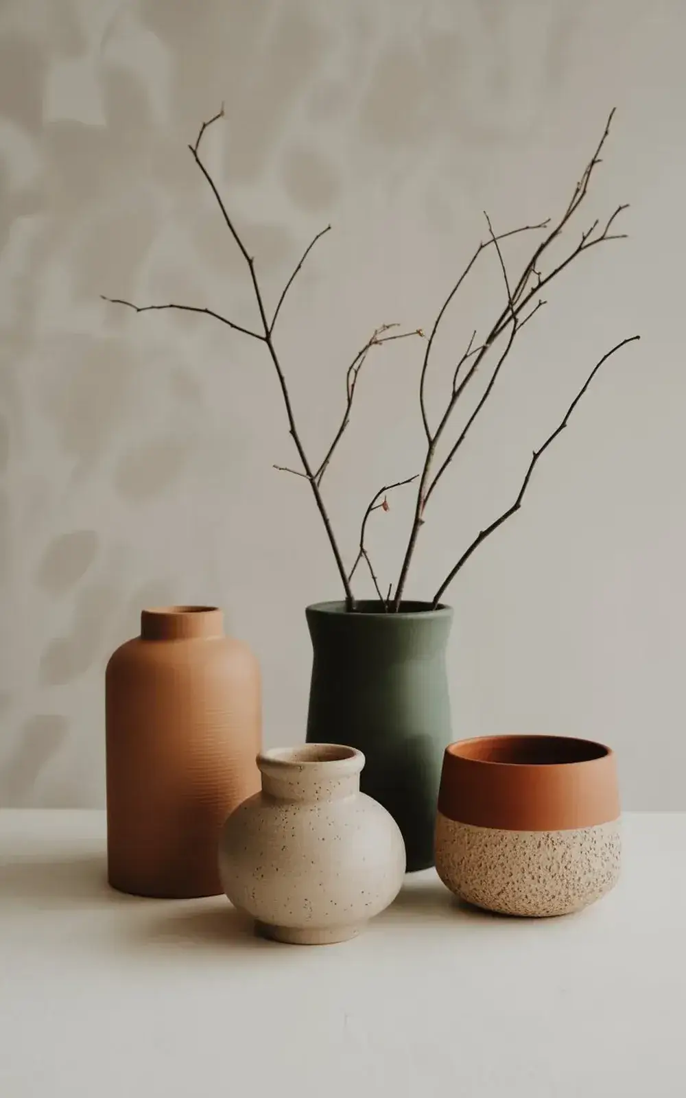 Four ceramic vases in varying colors and shapes, with thin branches in one.