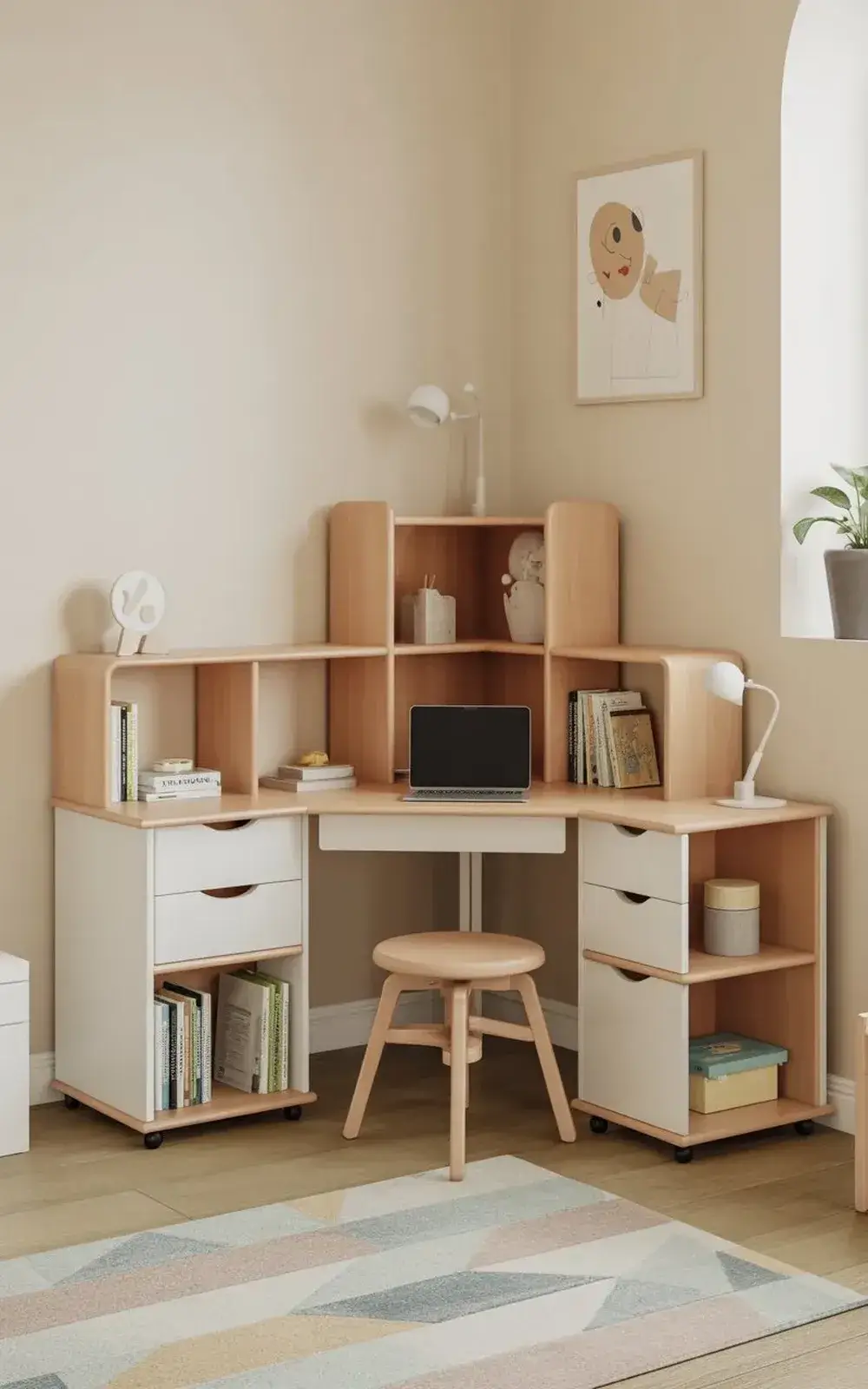 A corner desk with drawers, shelving, a laptop, books, a stool, and wall art in a cozy room.