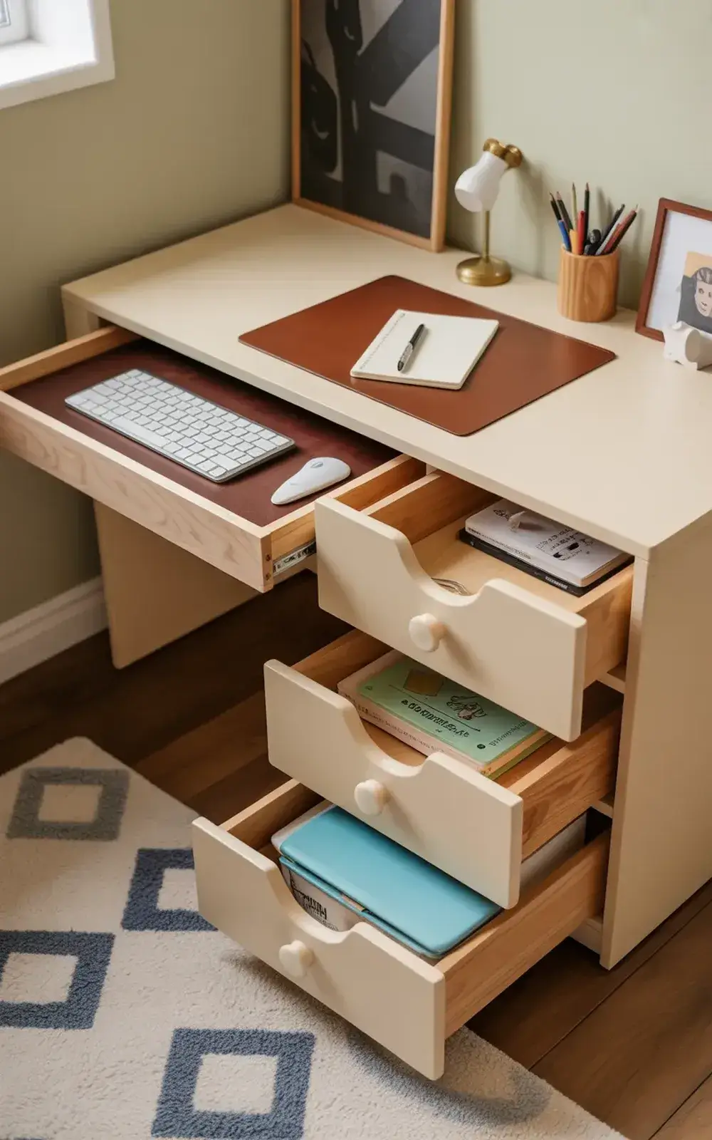 Neat study desk with open drawers, laptop, notebook, and personal items.