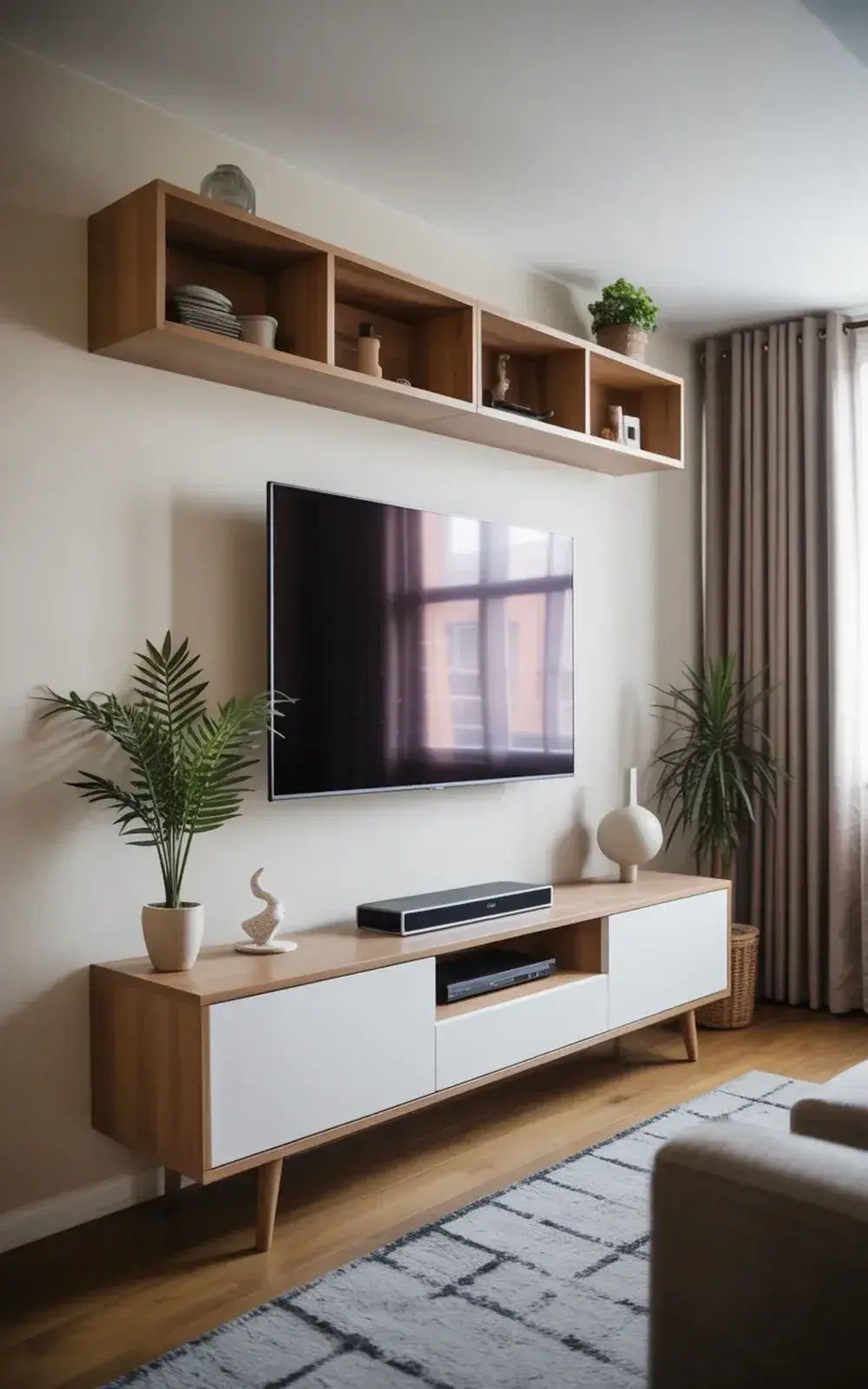 Modern living room with TV mounted above a wood and white console, adorned with plants and decor.