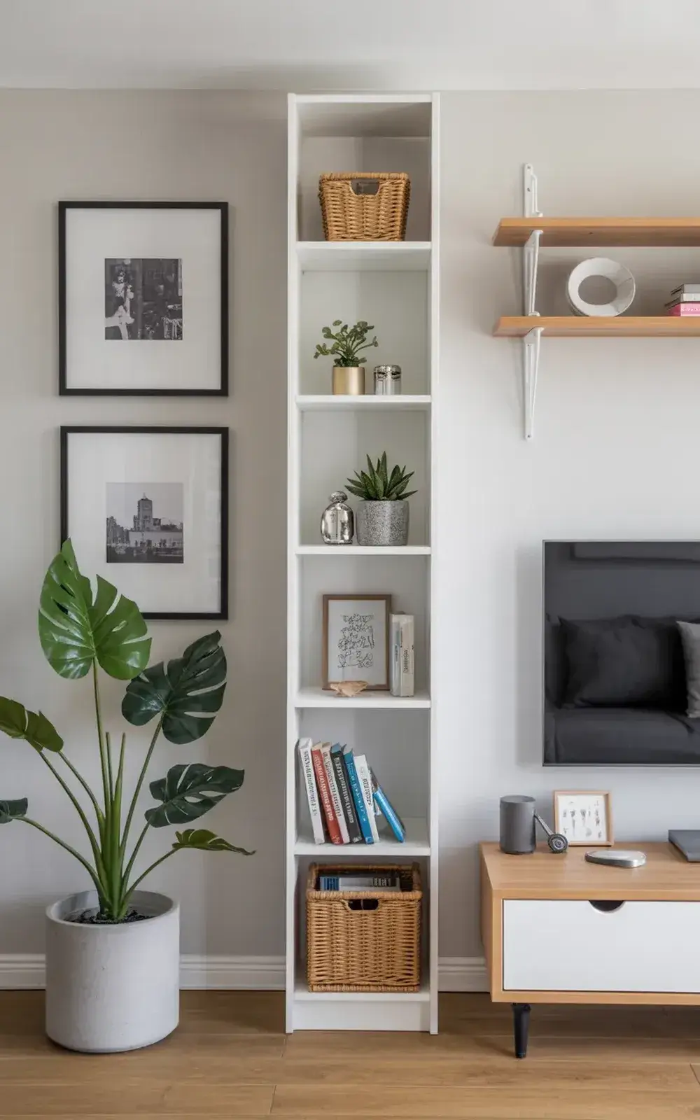 Modern living room corner with bookshelf, potted plant, framed pictures, and media console.