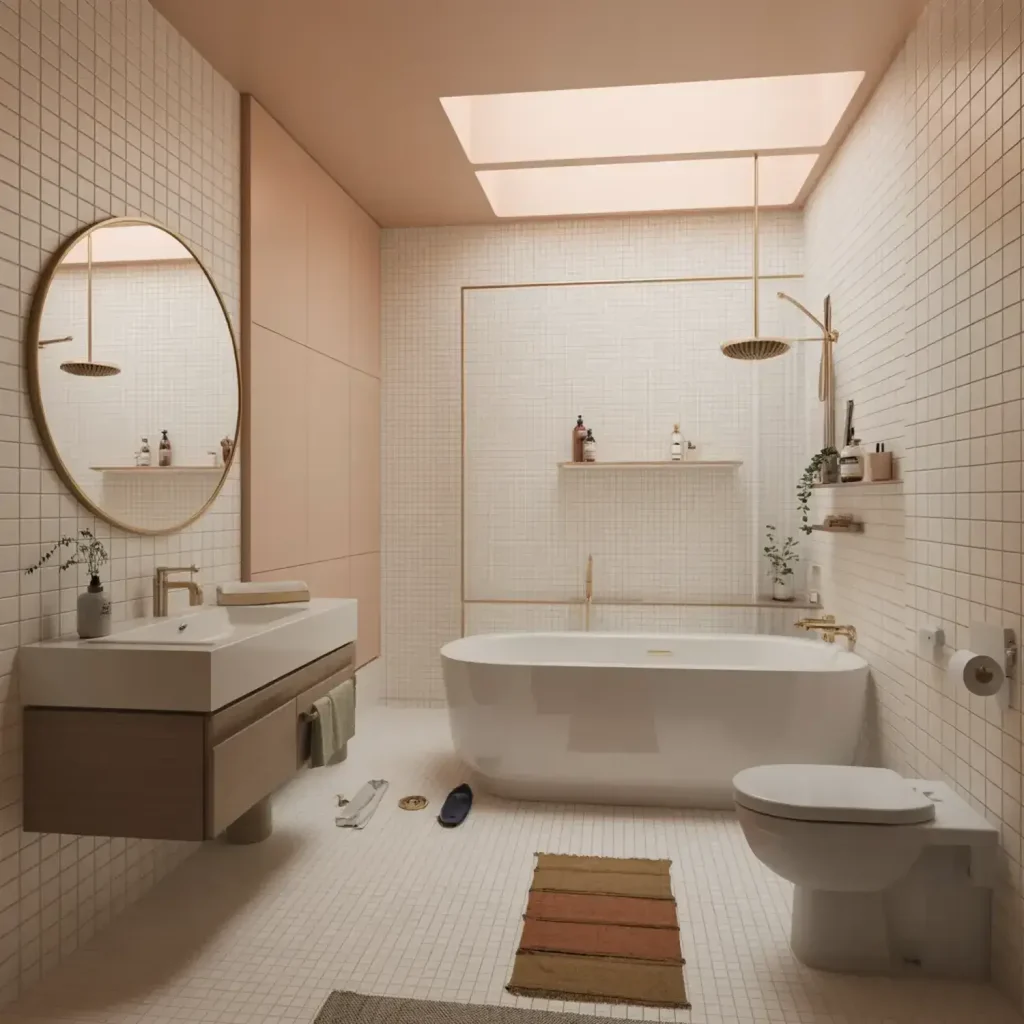 Modern bathroom with a bathtub, sink, toilet, and tiled walls.