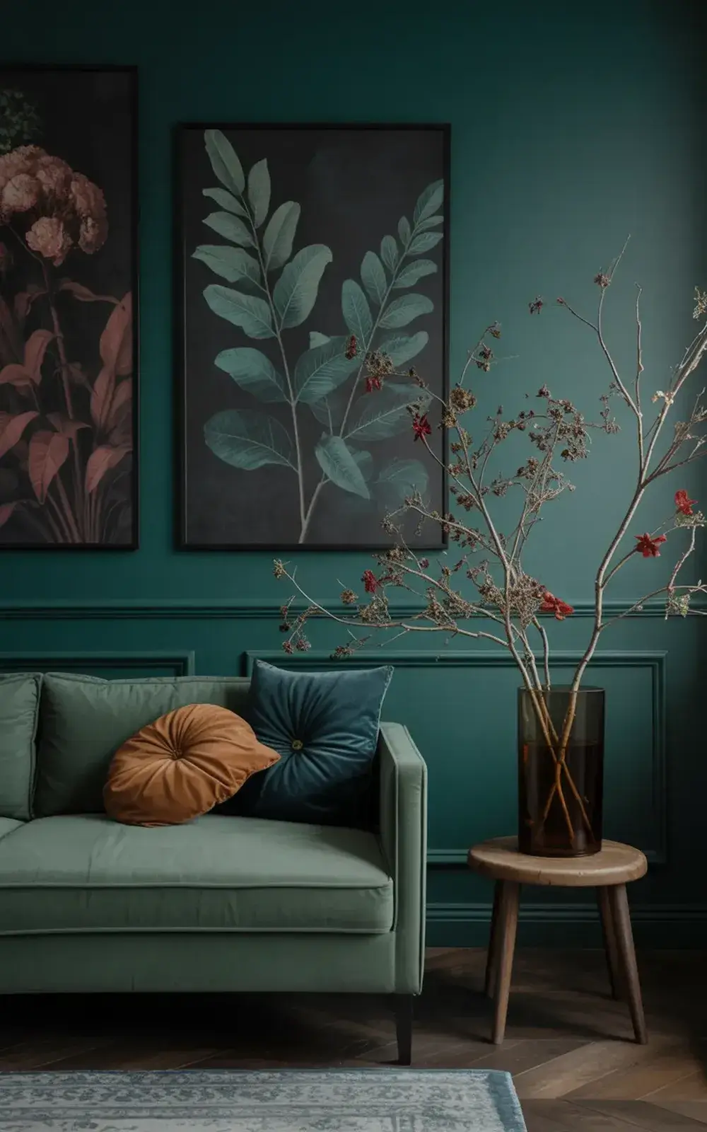 Green-walled living space with velvet cushioned seating and a branch arrangement in a glass vase.
