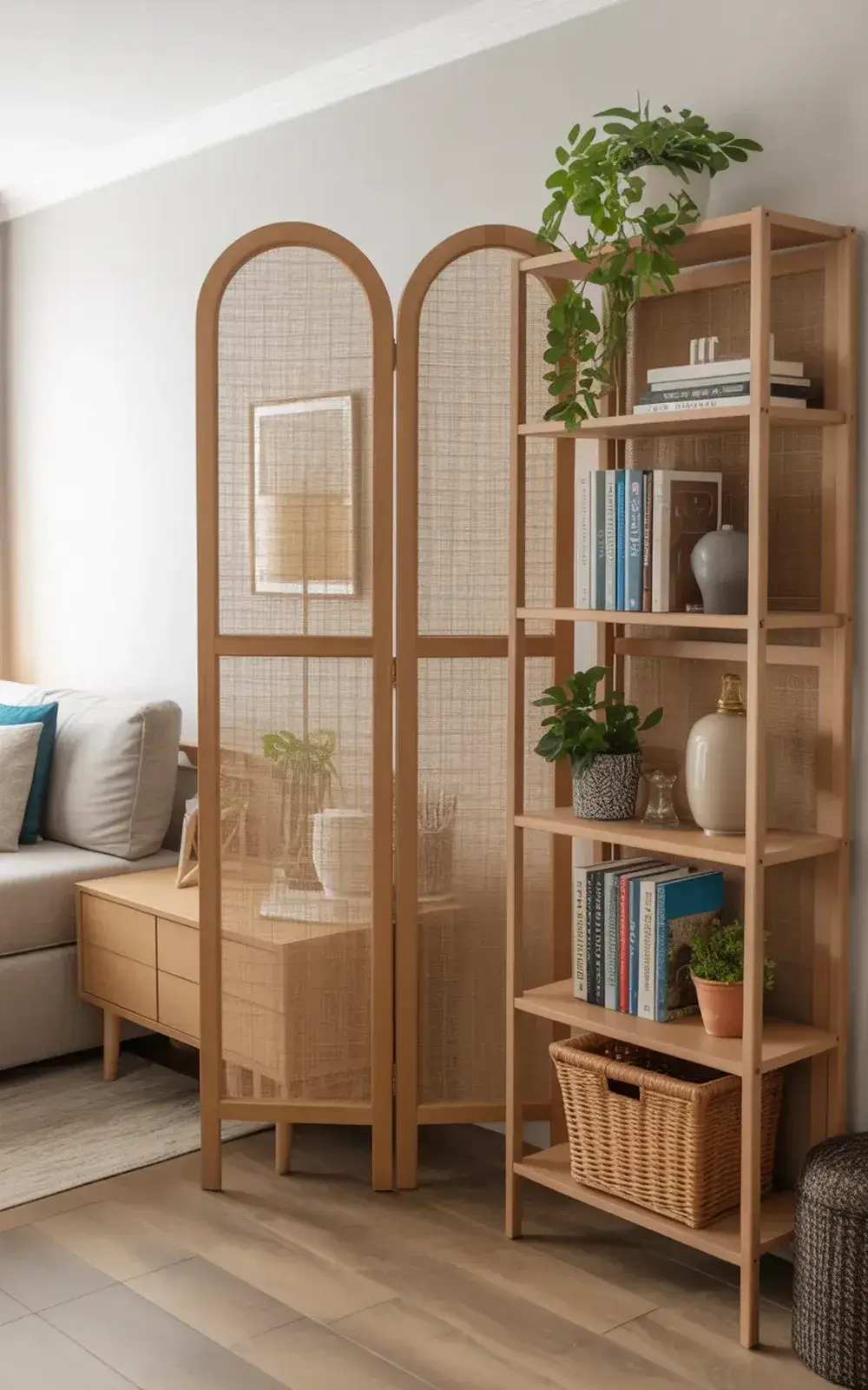 A neatly organized living room with wooden bookshelf, bamboo screen, sofa, and plants.