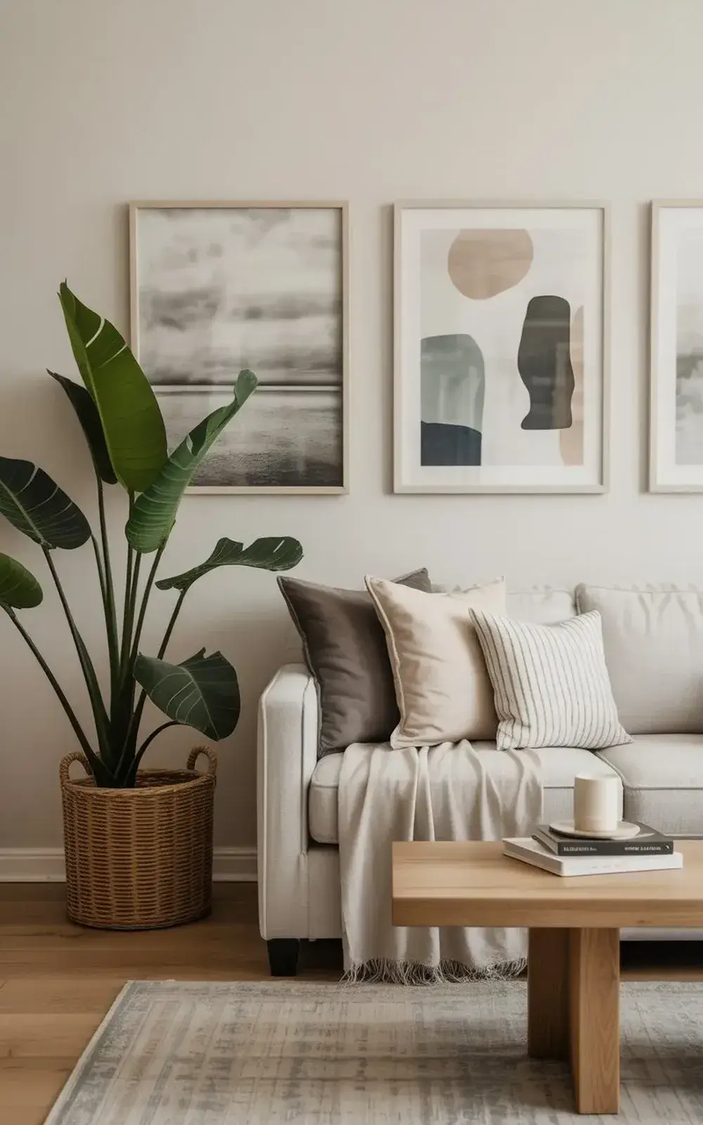 A cozy living room with a large green plant, beige couch, and multiple framed artwork on a neutral wall.