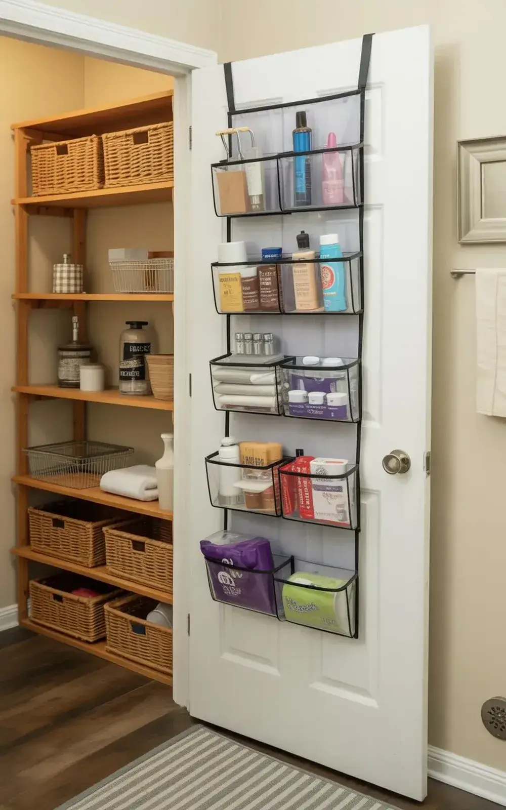 An open closet door with organized shelves and over-door pockets filled with personal care items.