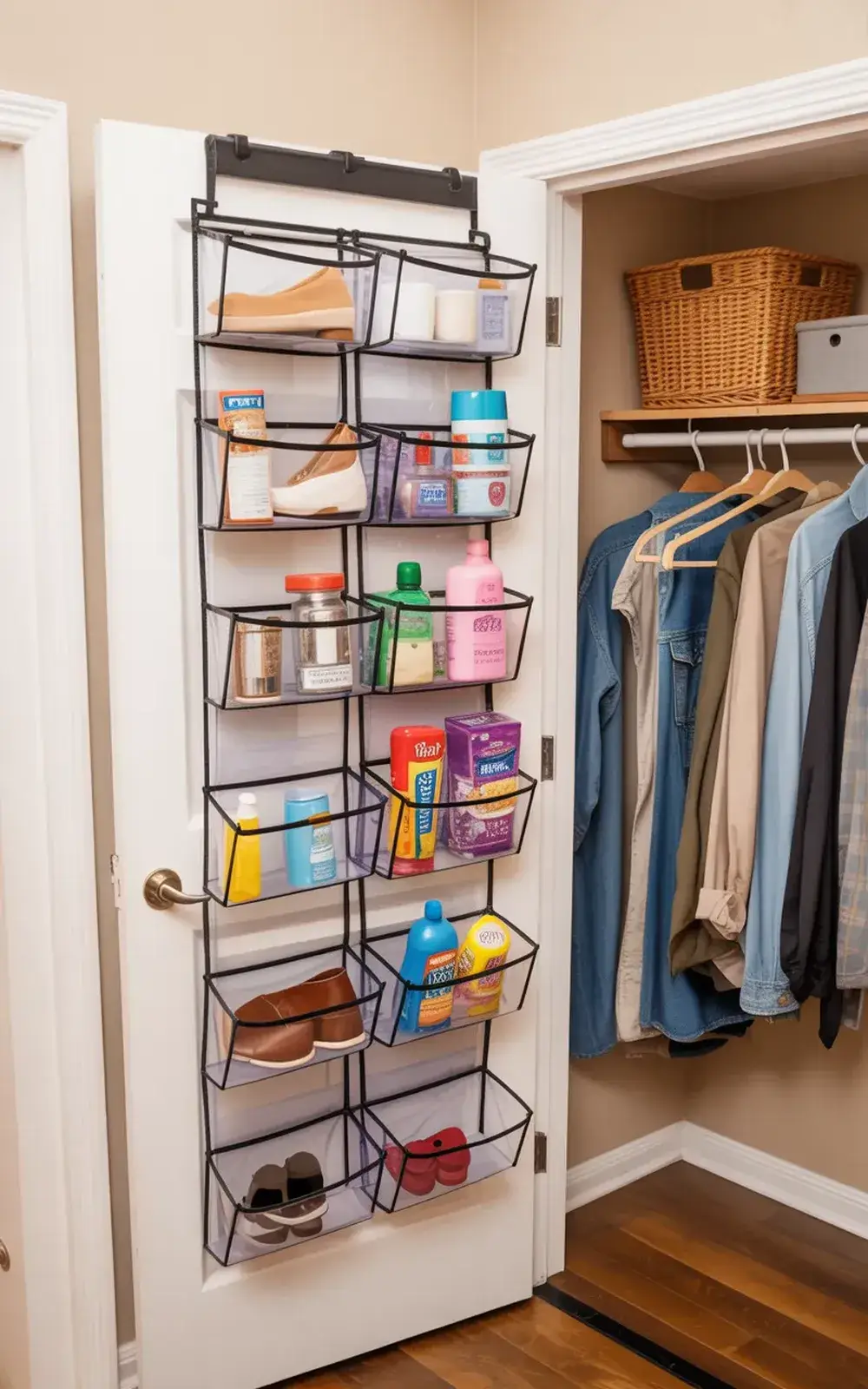 Overhead door organizer filled with toiletries, shoes, and other small items in a closet with hanging clothes.