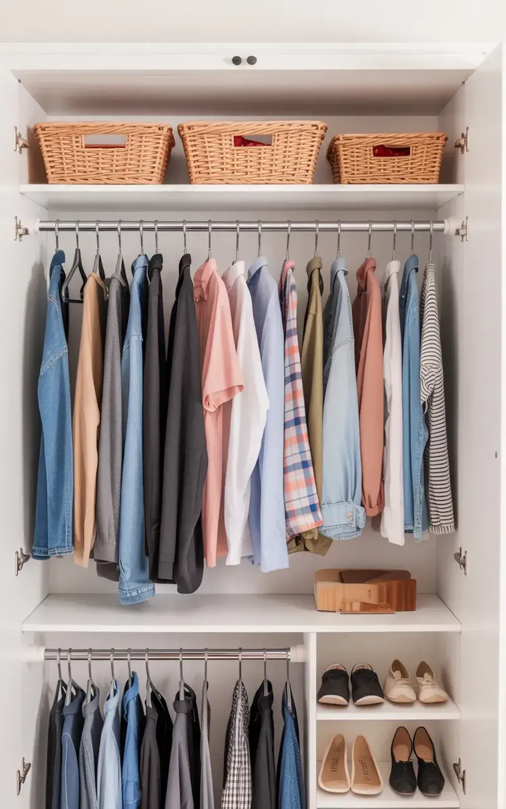 Closet with organized clothes and shoes.