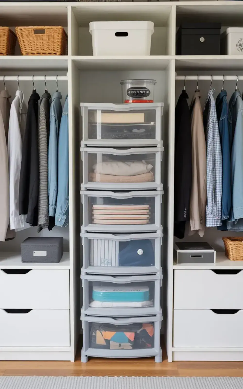 Organized closet with stacked drawers, hanging clothes, and storage bins.