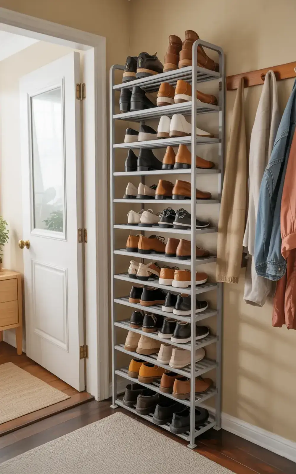 Shoe rack with multiple pairs of shoes by a door with coats on hooks.