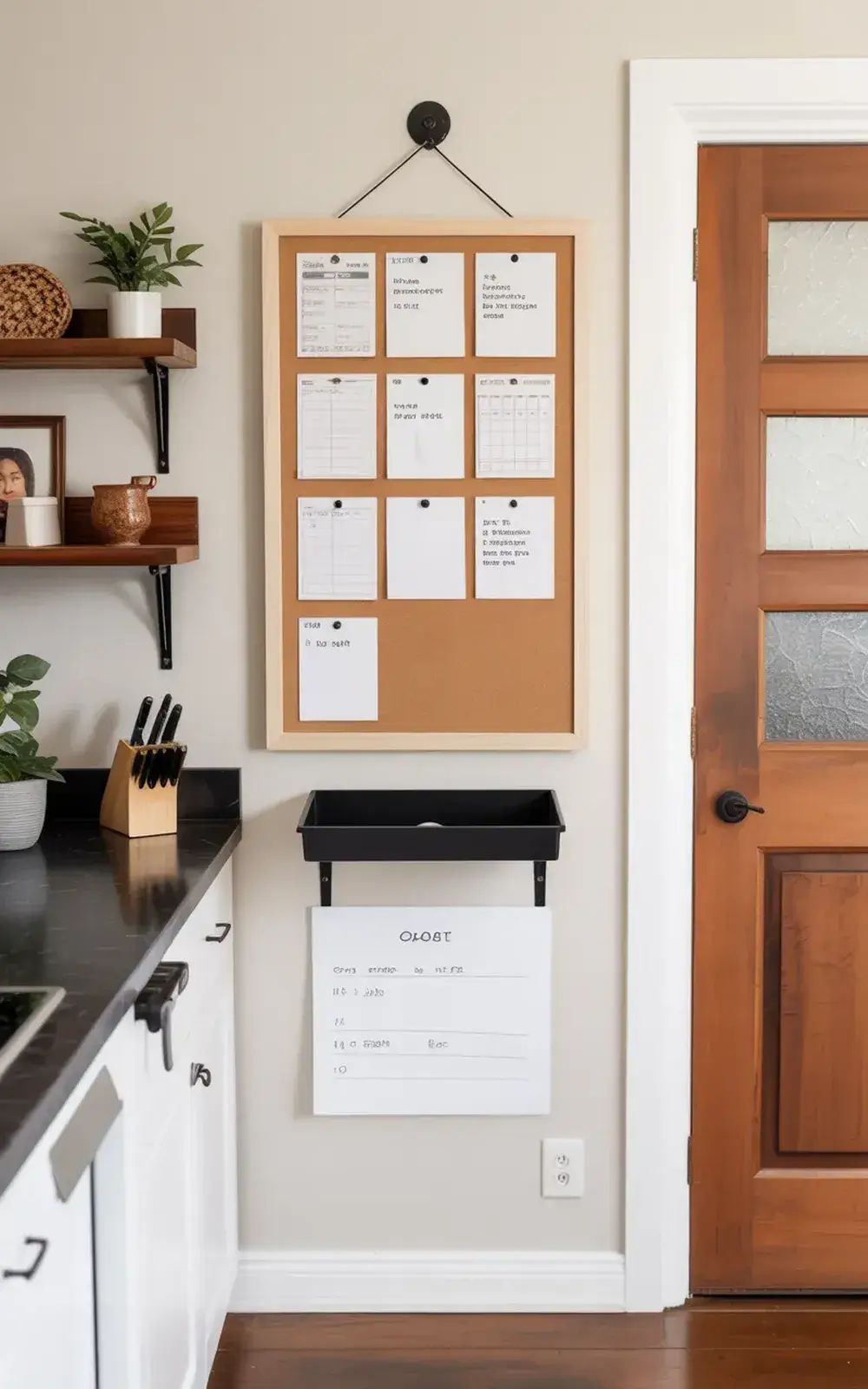Bulletin board and wall plaque with notes in a kitchen.