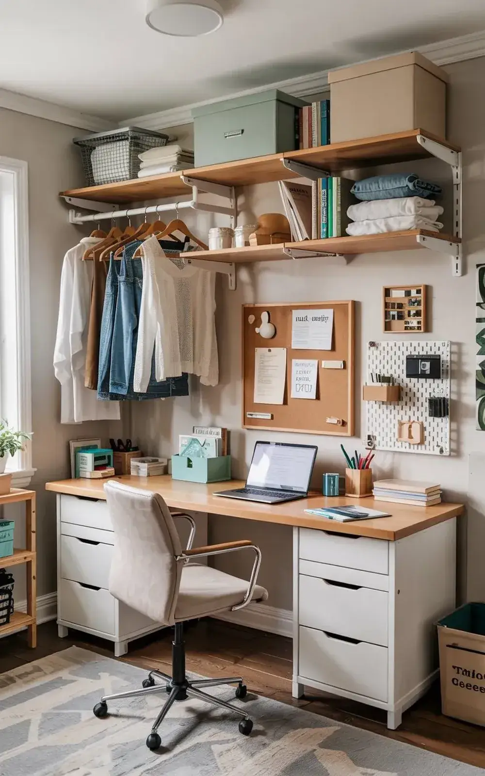 Organized home office with desk, laptop, and clothes hanging on a rack