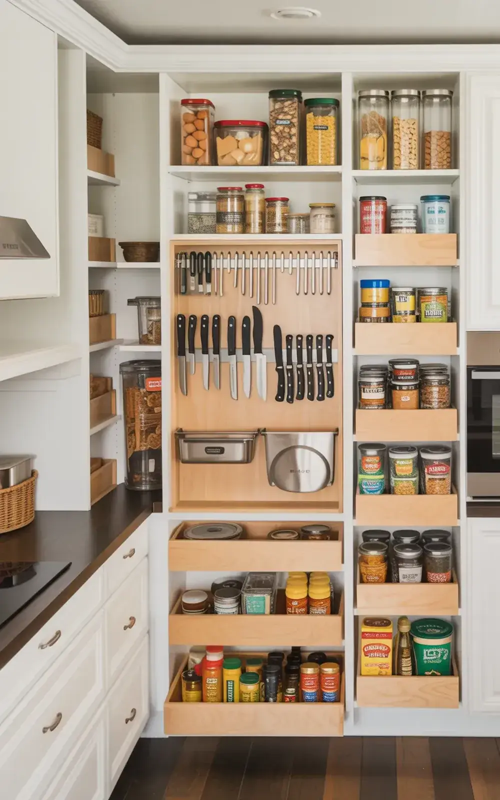 Organized kitchen pantry with various spices, grains, and cooking utensils.
