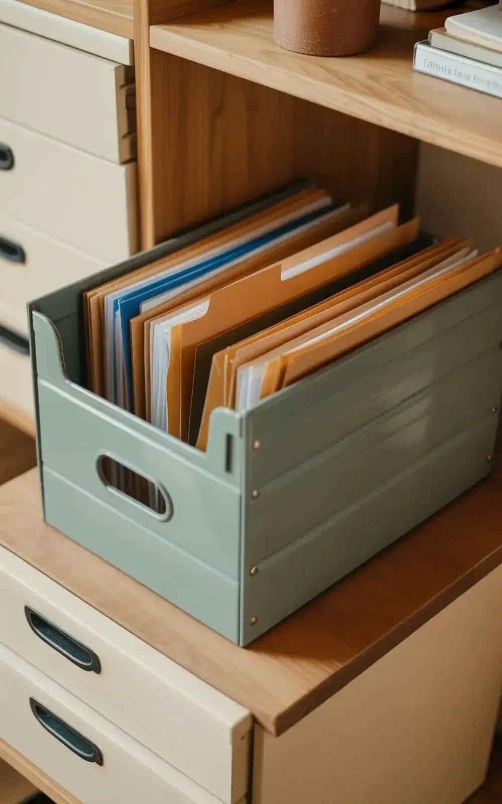 ხოლო drawers with green filing box containing manila folders on a wooden desk.