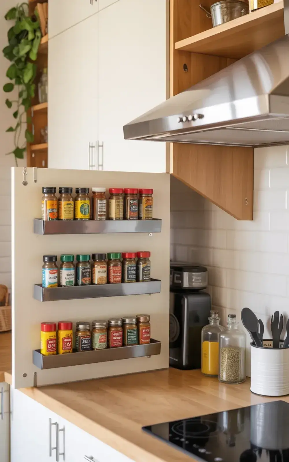 Spice racks on pantry door with kitchen appliances and counter below.