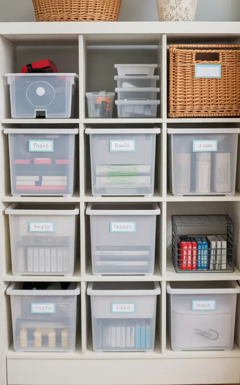 White shelving unit with labeled plastic storage containers