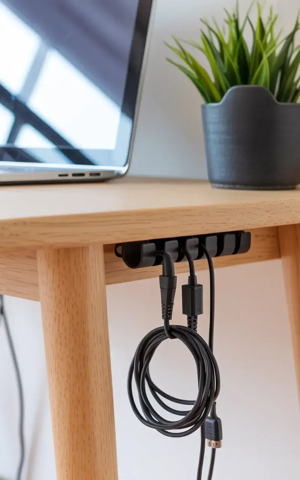 Image of a wooden desk with a cable management system, a laptop, and a potted plant.