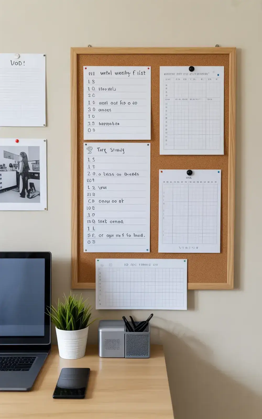Empty bulletin board with partially filled lists and calendars on a desk with a laptop and office supplies