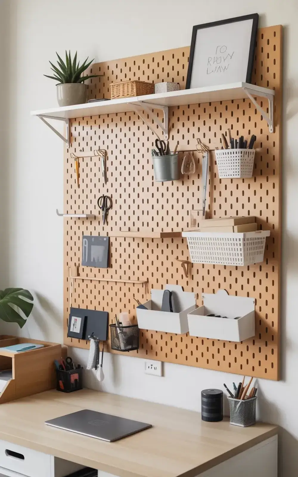 Organized office wall with pegboard storage, shelving, and desk setup