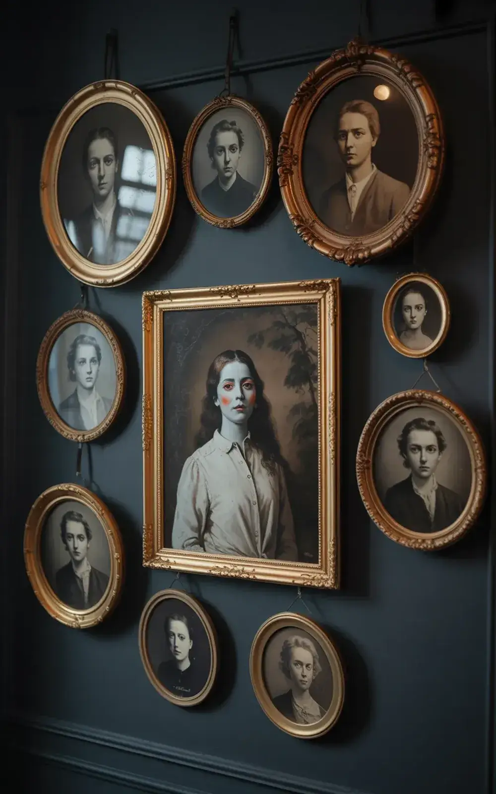 Collection of ornate-framed portraits on a dark wall.