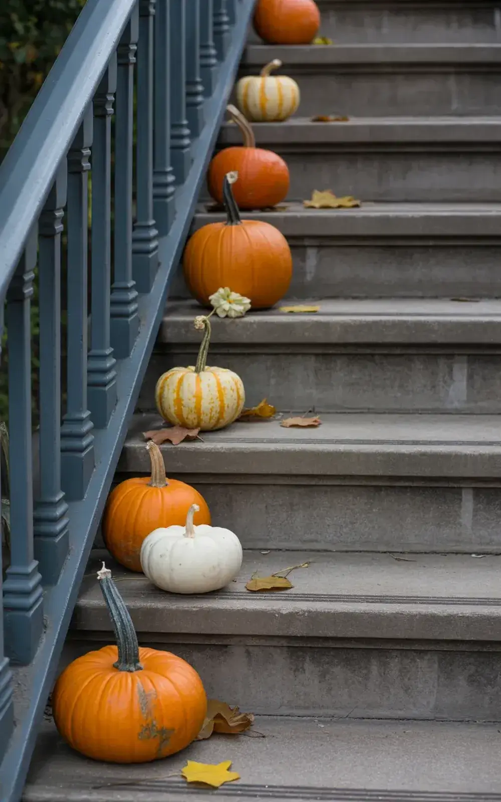 Pumpkins in varying colors and sizes decorating outdoor concrete steps.