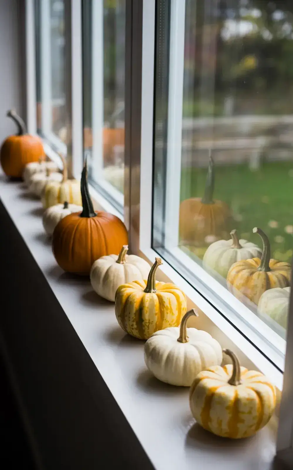 Pumpkins of various colors lined up on a windowsill.