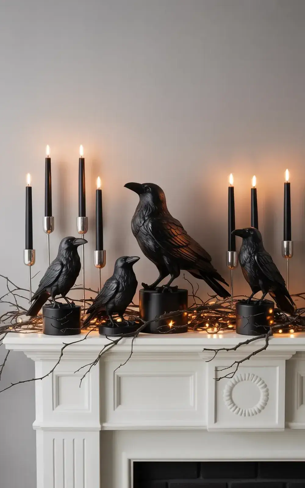 Gothic decor with four black bird figurines, candles, and twinkling lights on a mantelpiece.