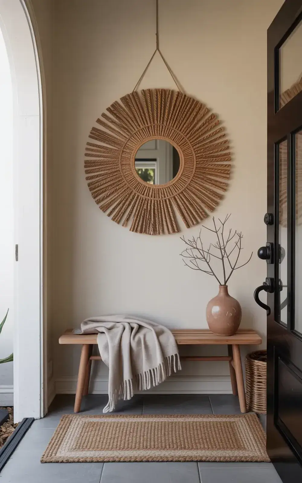 A round woven wall mirror in a cozy entryway with a bench, blanket, and decorative vase.