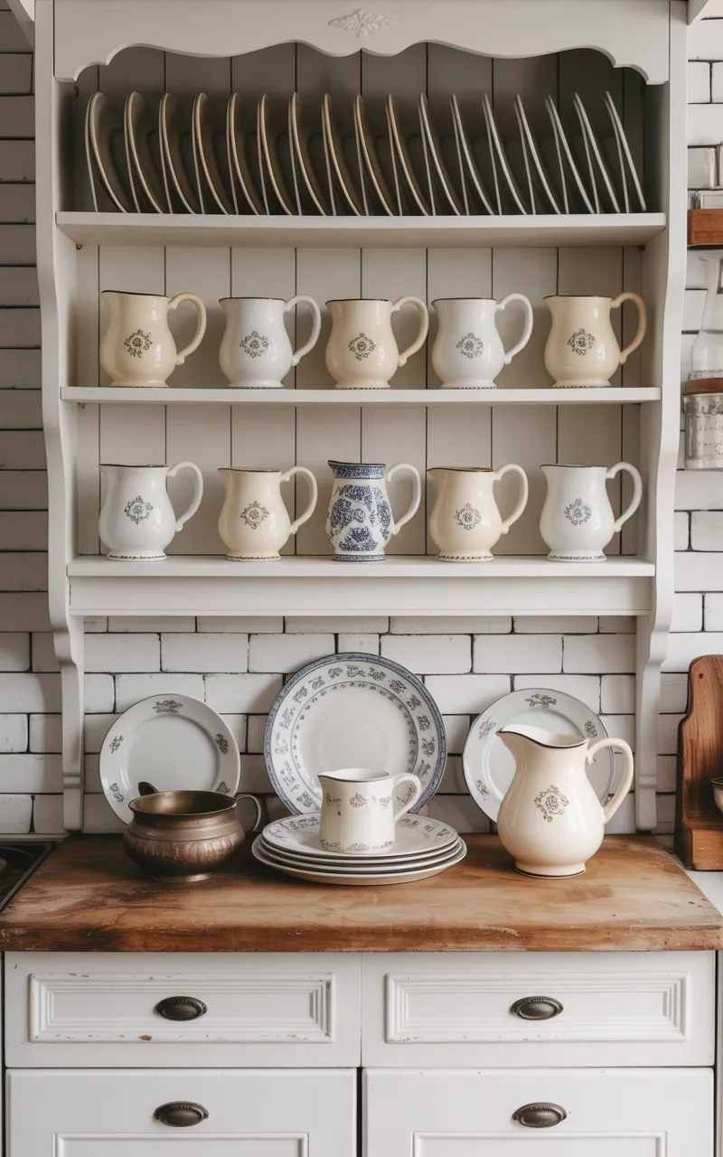 Collection of ceramic jugs and plates on kitchen shelf.
