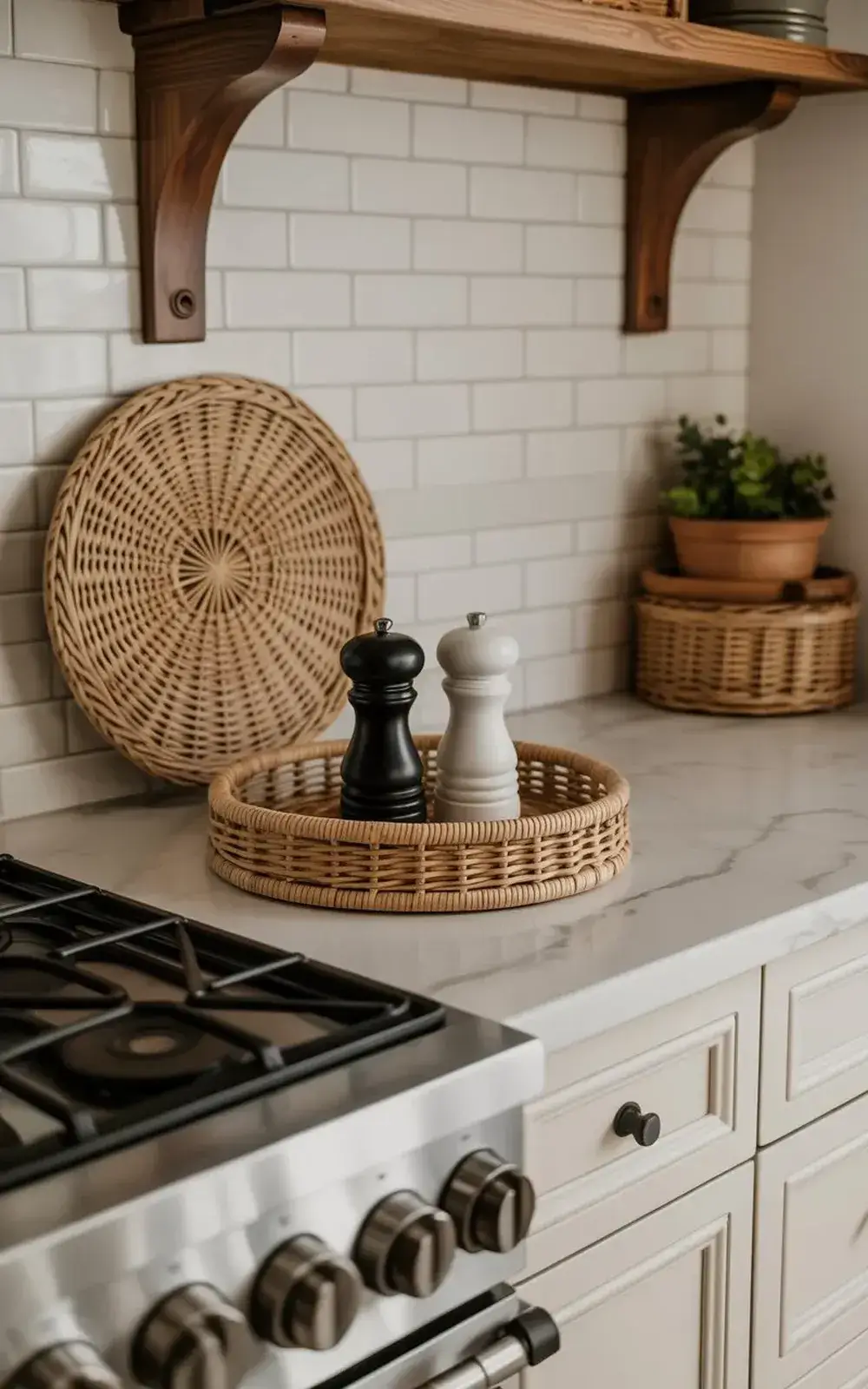 Black and white salt and pepper grinders in woven basket on white marble kitchen counter near stove top.