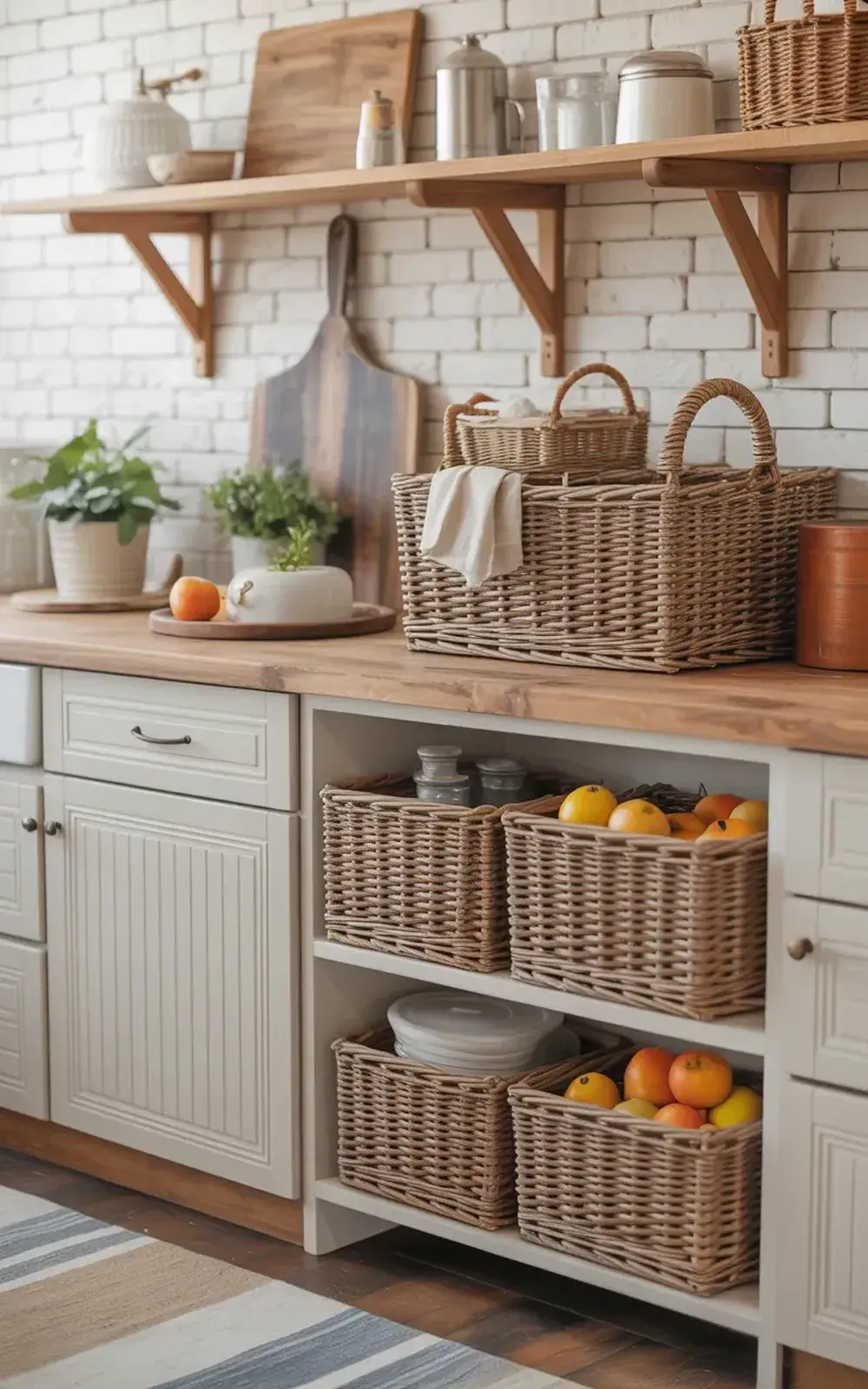 Kitchen setup with woven baskets filled with fruits on open shelves and vintage decor.