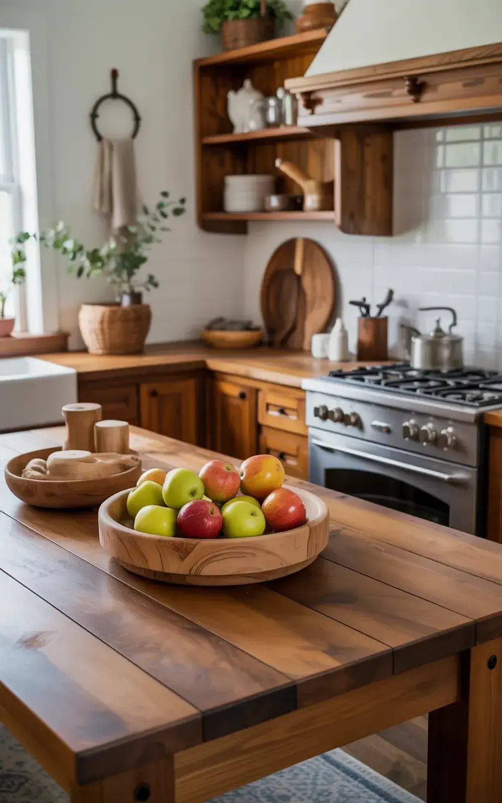 A kitchen island with bowls of colorful apples and wooden utensils on a rustic wooden countertop.
