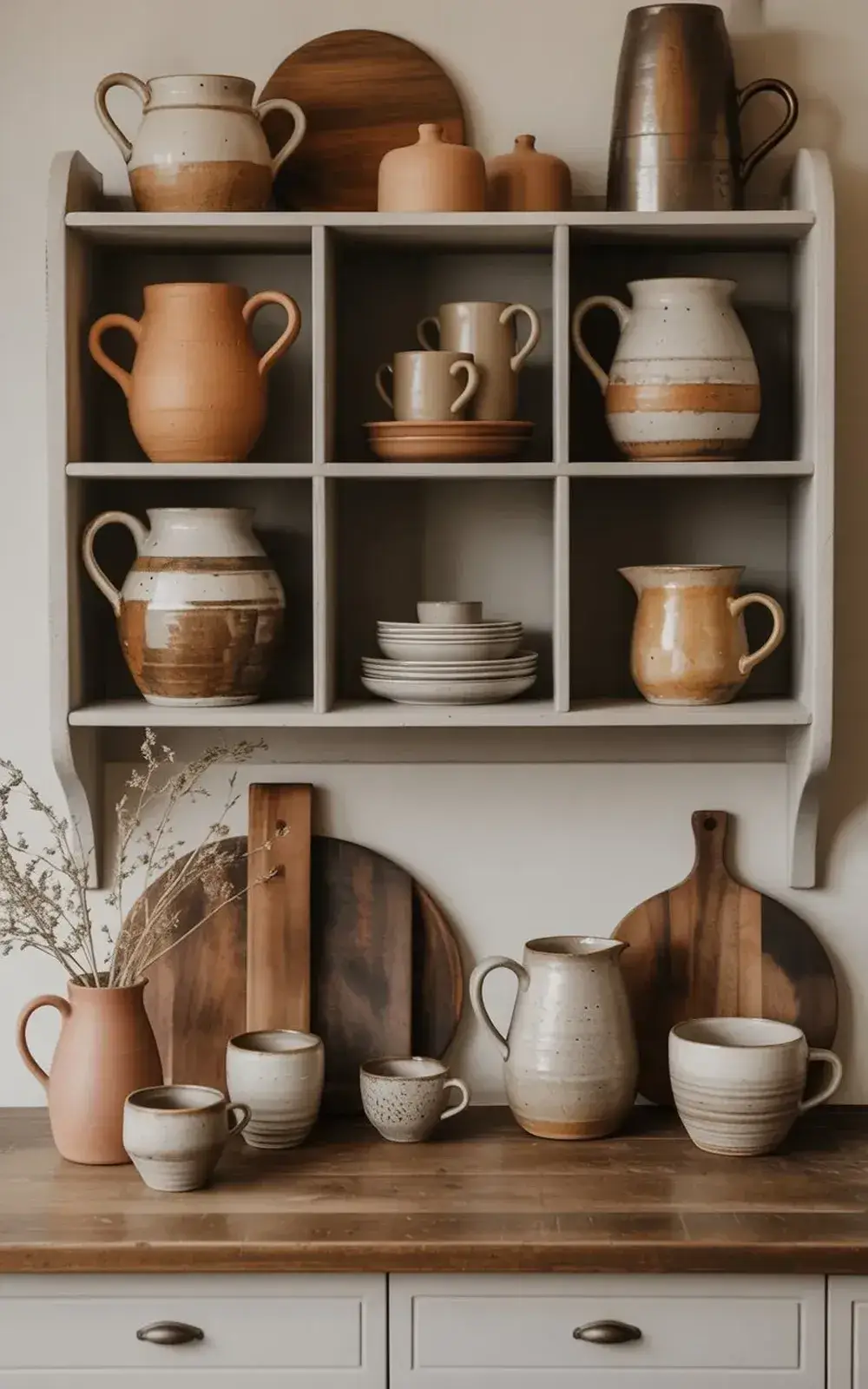 White shelving unit displaying a collection of ceramic pitchers, mugs, pots, and wooden boards in earthy tones on a rustic wooden countertop.
