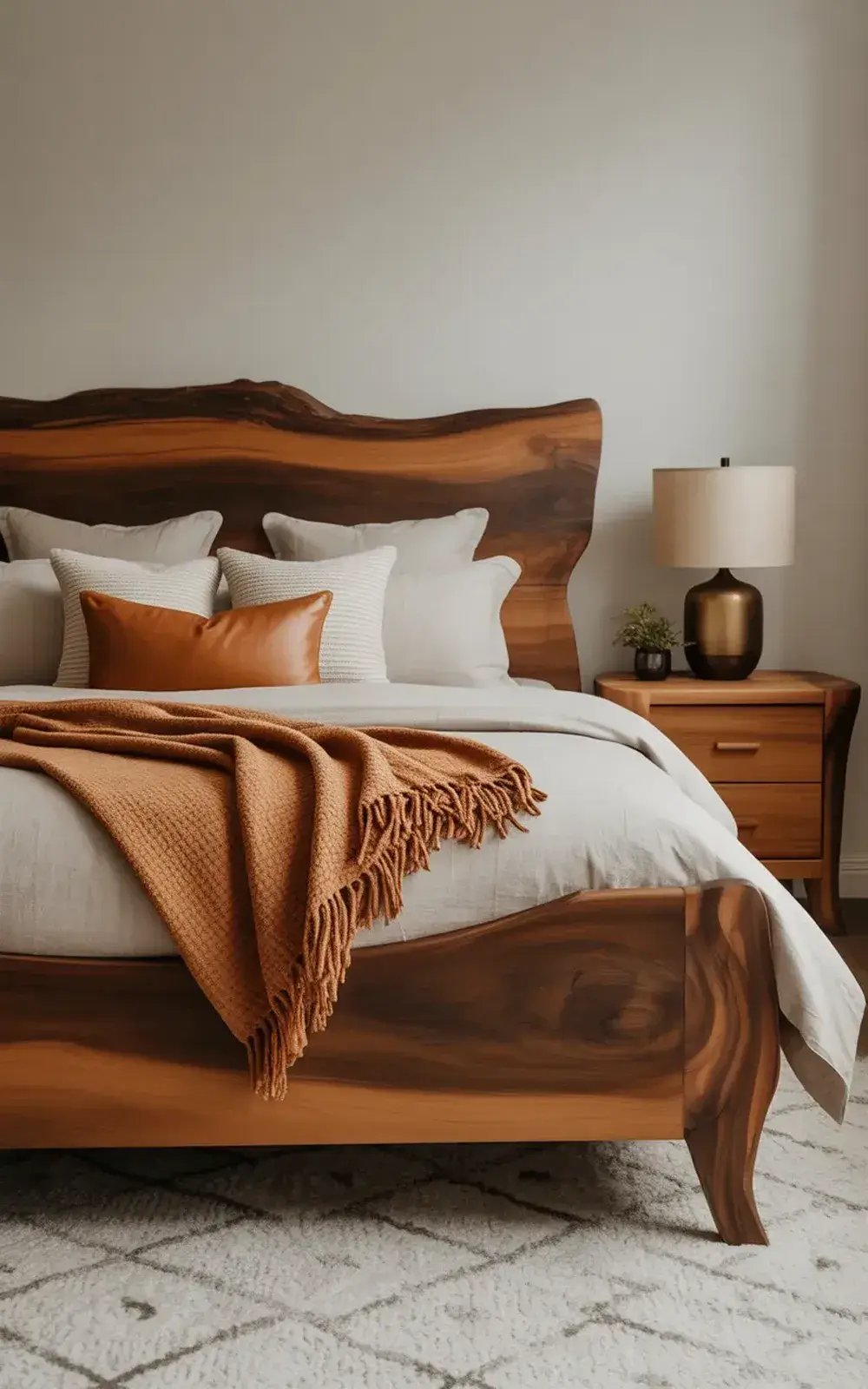 A modern bedroom with a wooden bed frame, white bedding, an orange throw blanket, and bed pillows of various colors.