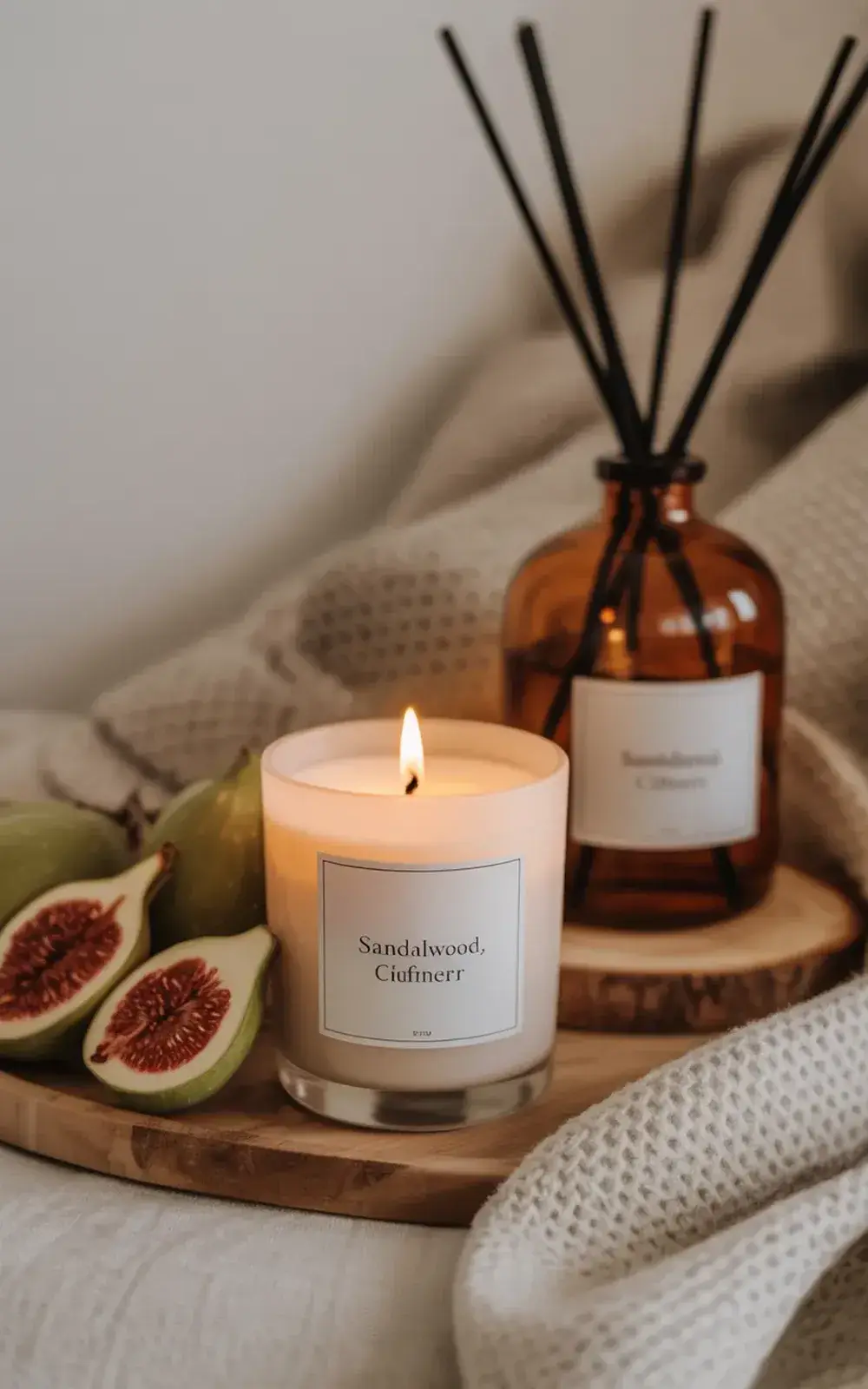 Lit scented candle on wooden coaster with figs, an oil diffuser, and cushions.