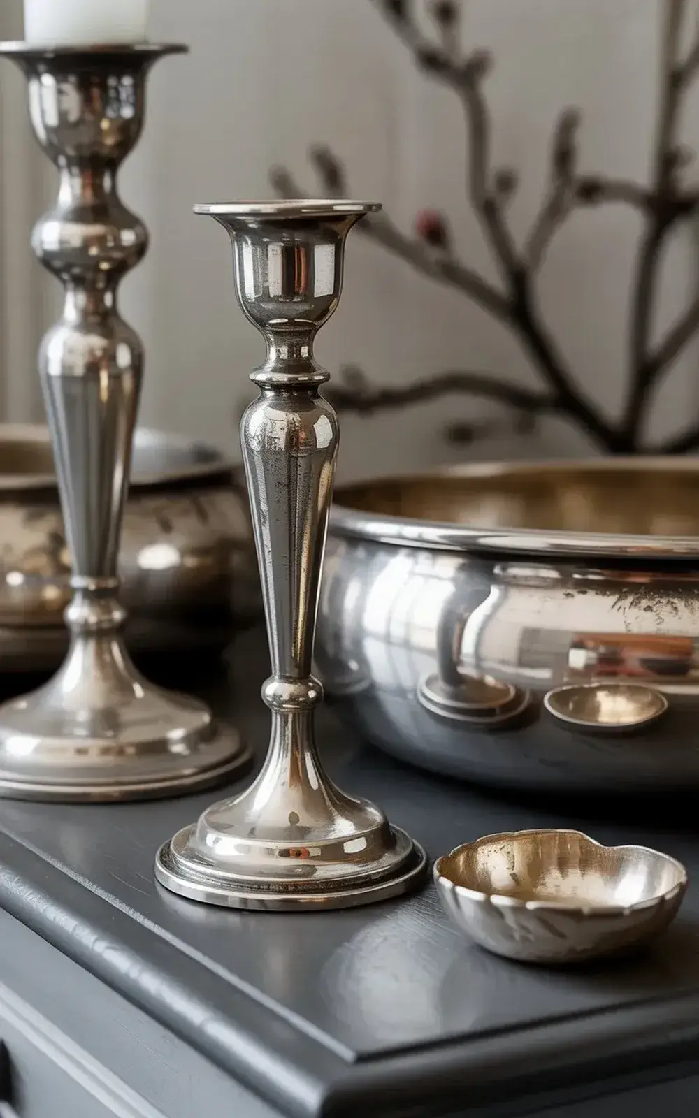Polished metal candlesticks and bowls on a dark grey surface.