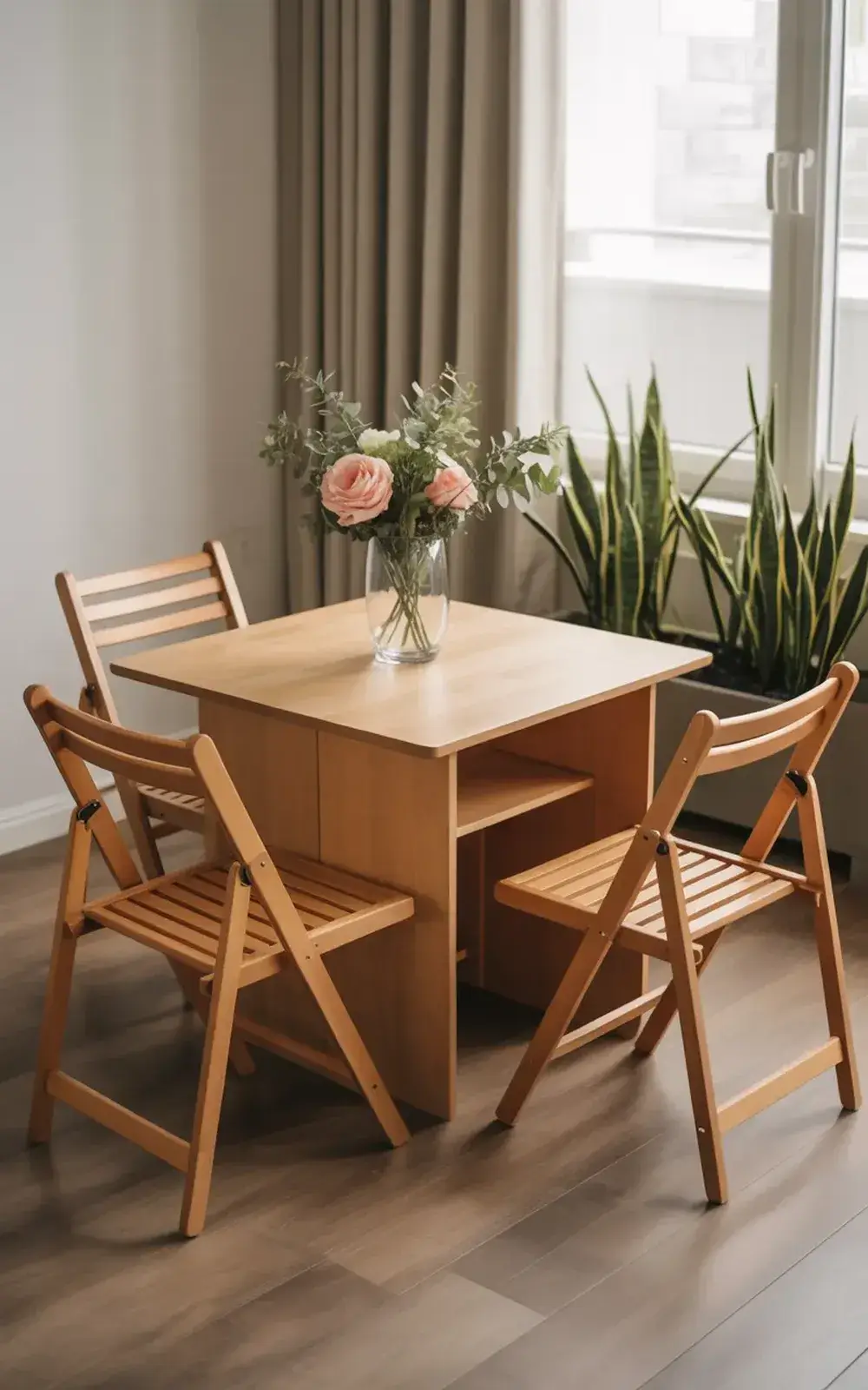 Wooden folding chairs around a small table with a vase of flowers near a window.