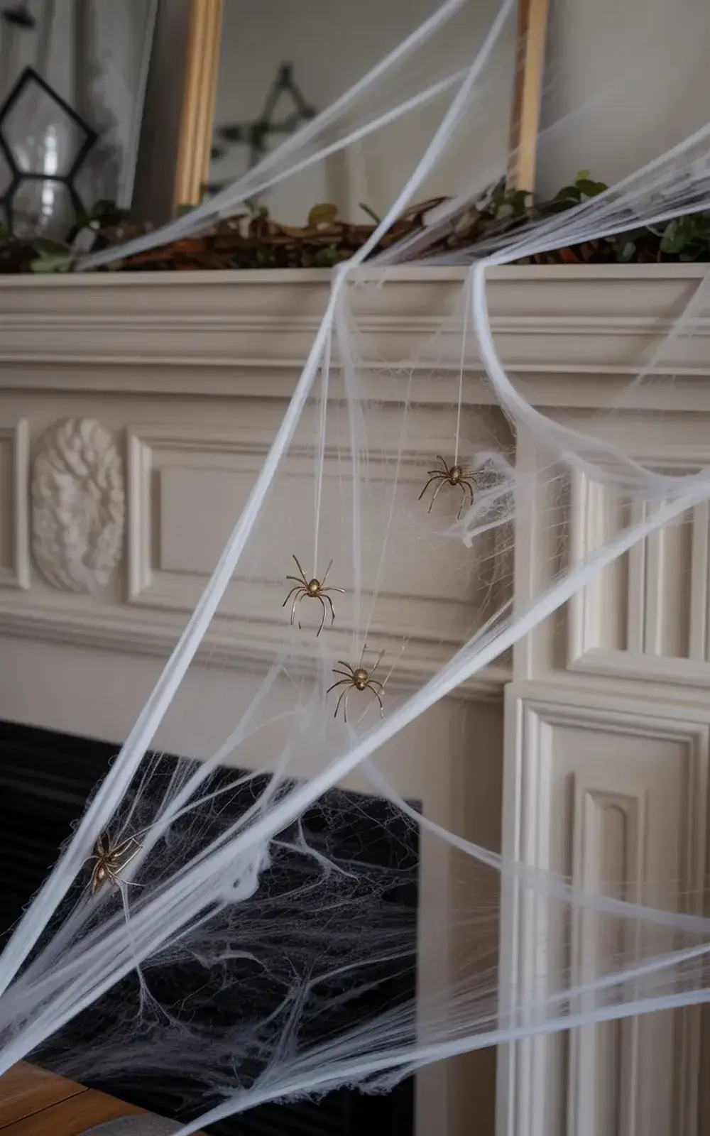 Halloween decorations of spider webs with toy spiders hung on a window.
