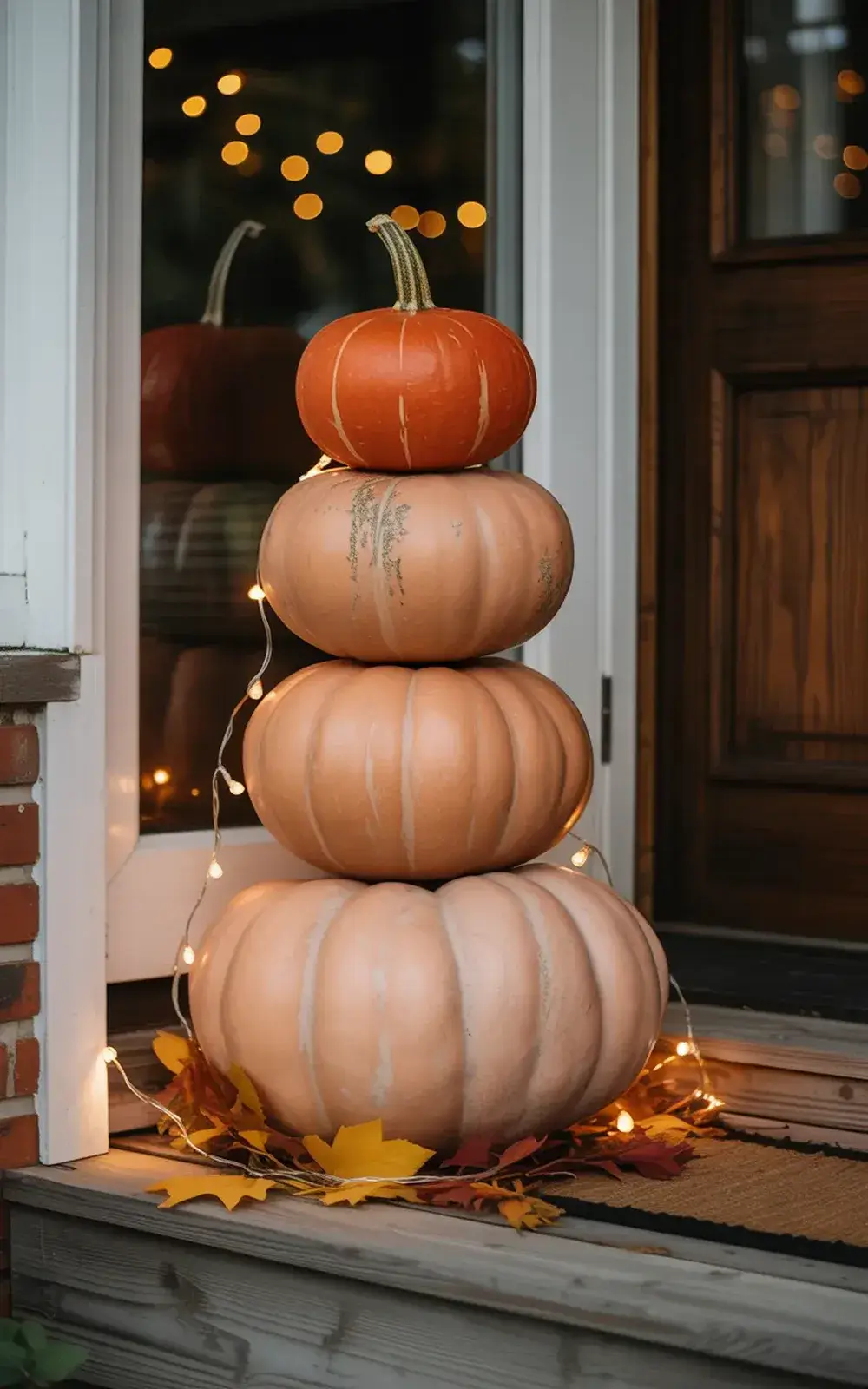 Four pumpkins stacked vertically with fairy lights and autumn leaves on a window sill.