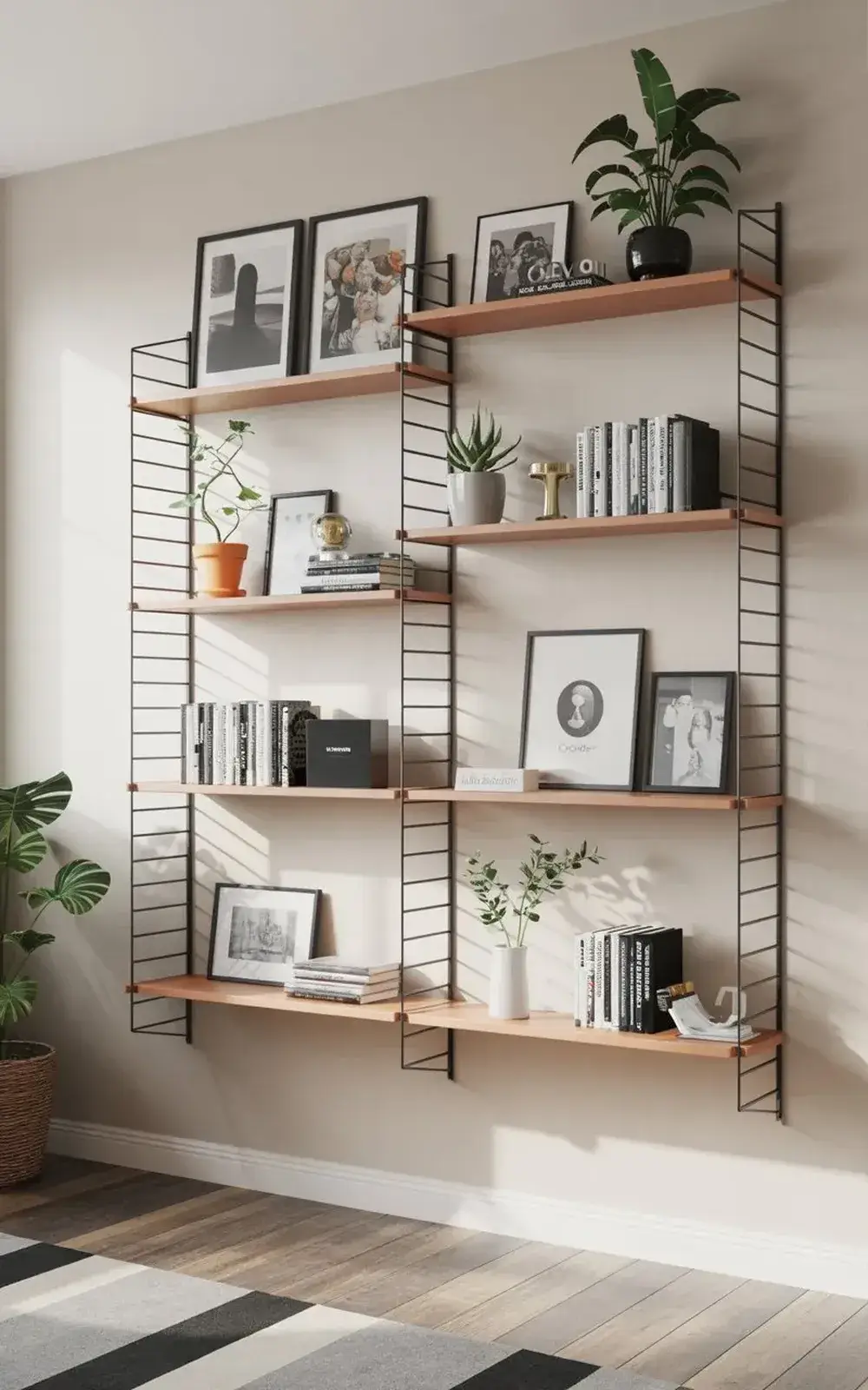 Wooden floating shelves with framed photos, books, and potted plants