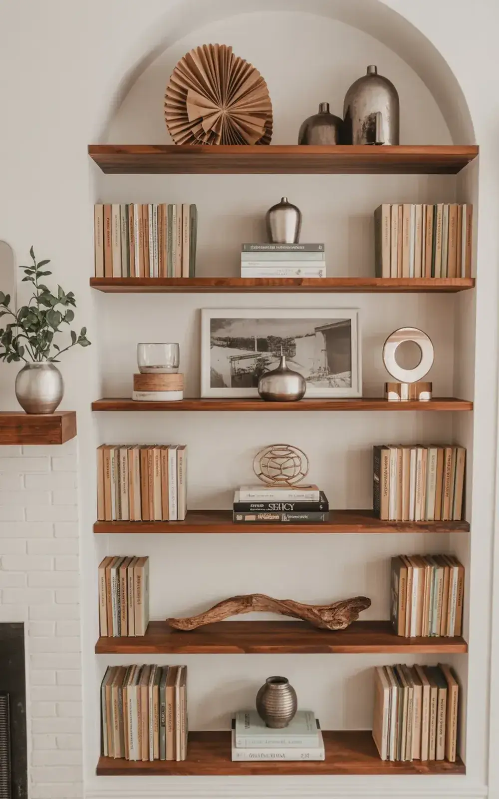Decorative built-in bookshelves with books, vases, and various ornaments.